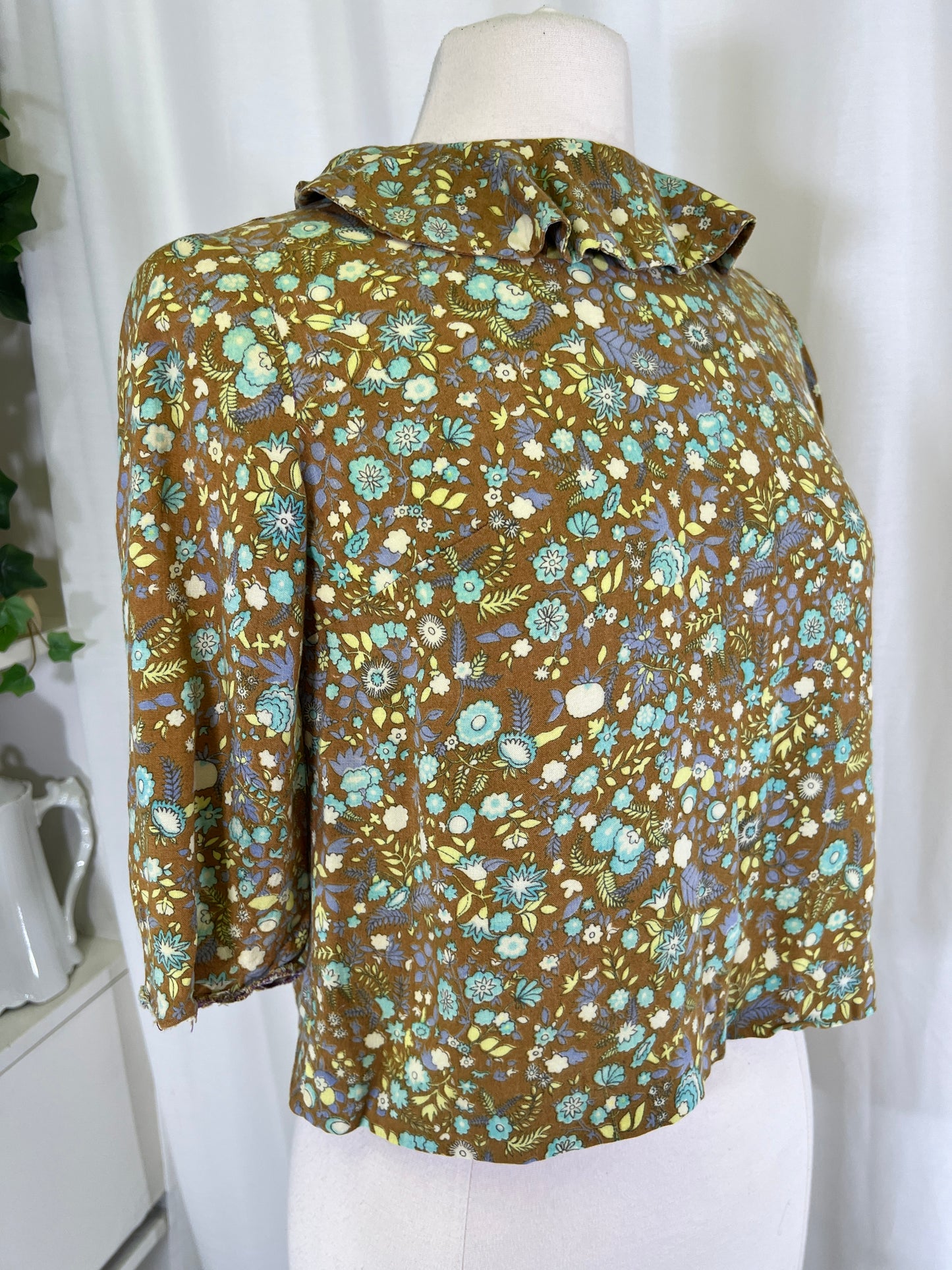 60s Moss Green Ditzy Floral Ruffle Neck Blouse