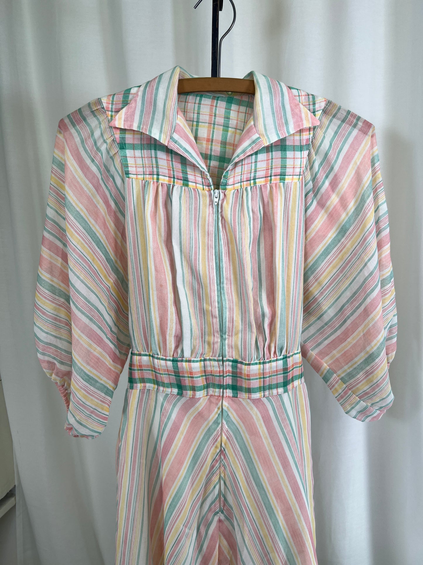 70s Pastel Stripes and Plaids Puffy Dolman Sleeve Mini Dress