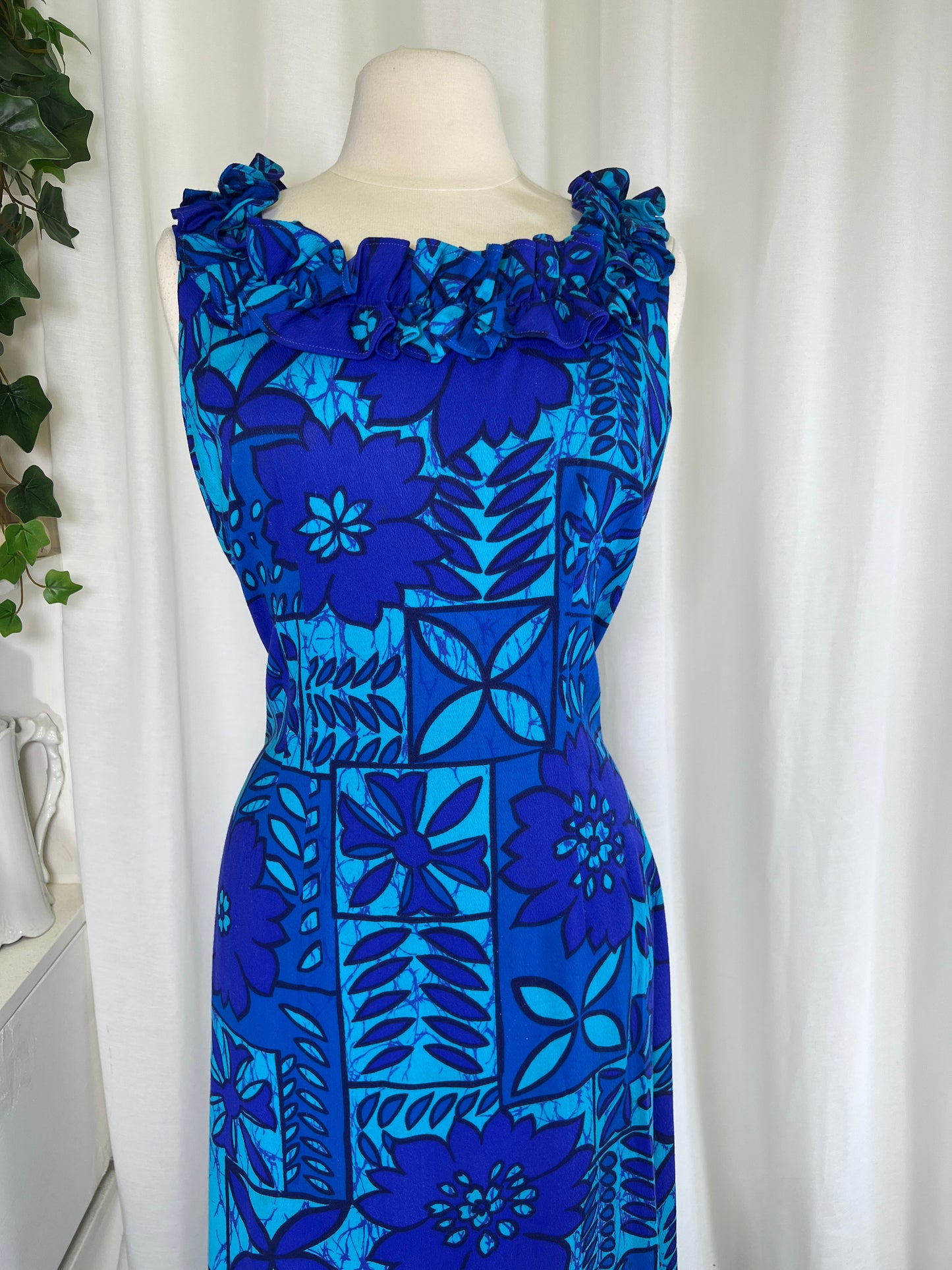 60s Blue Hawaiian Print Dress