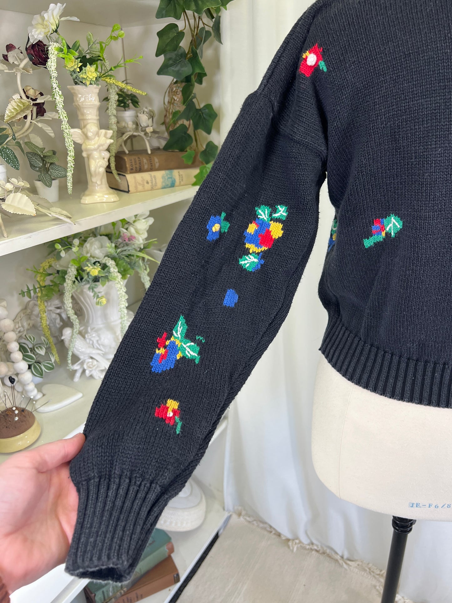 90s Chaus Petites Black Floral Sweater