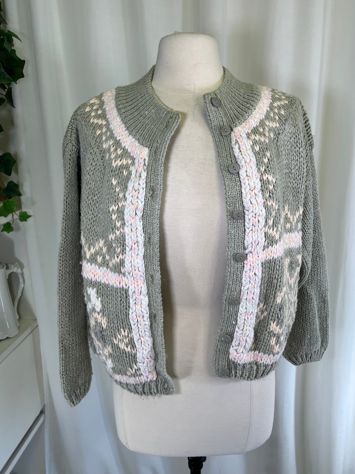 80s Jamie Scott Hand Knit Pink and Grey Cardigan