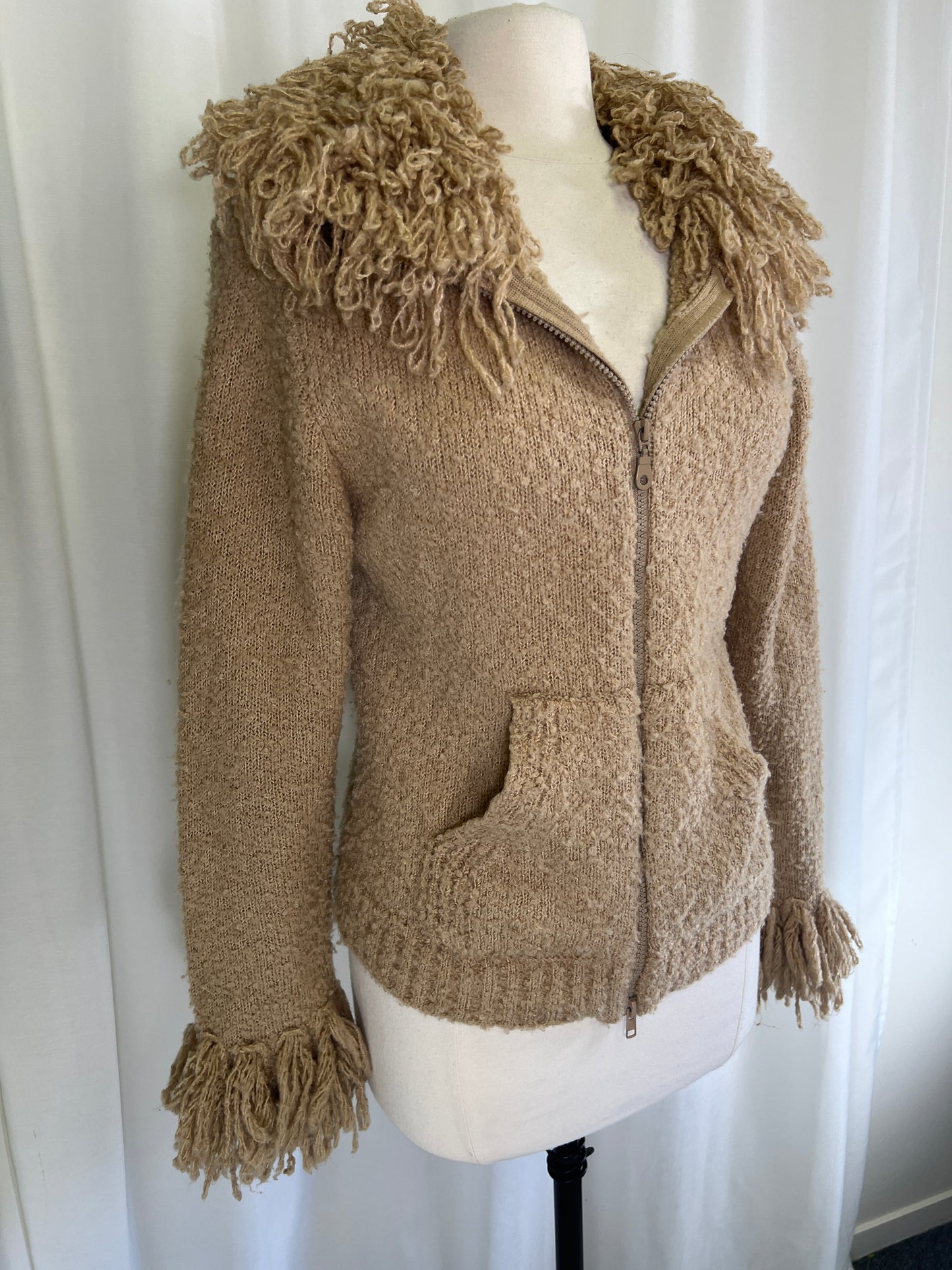 90s Sisters Wool Blend Cream Fringed Zip-up Sweater