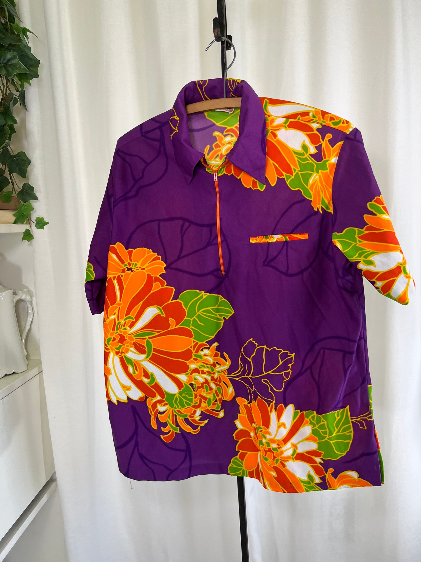 60s Walter Clarke’s Hawaiian Print Zipper Polo Shirt