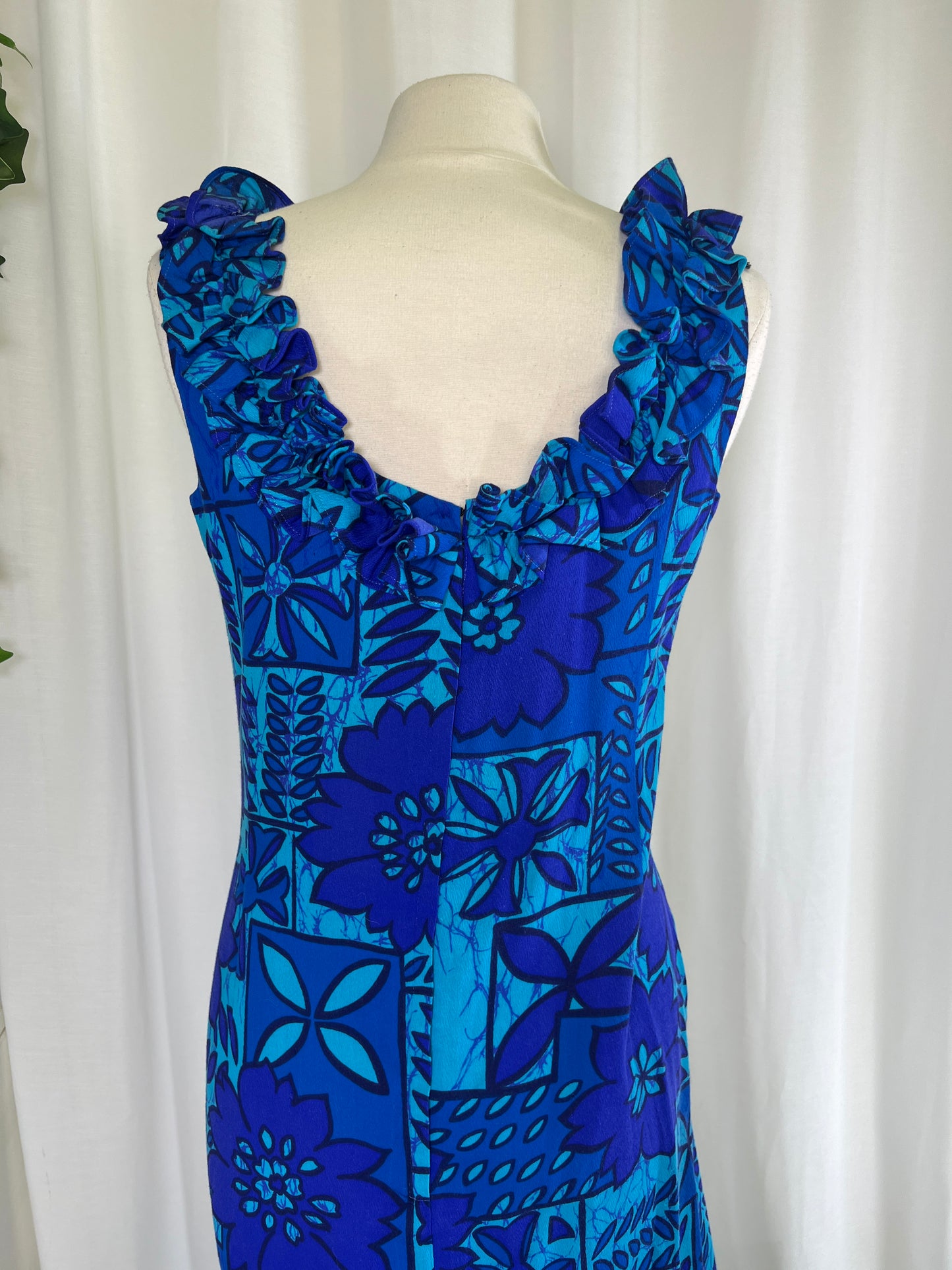 60s Blue Hawaiian Print Dress