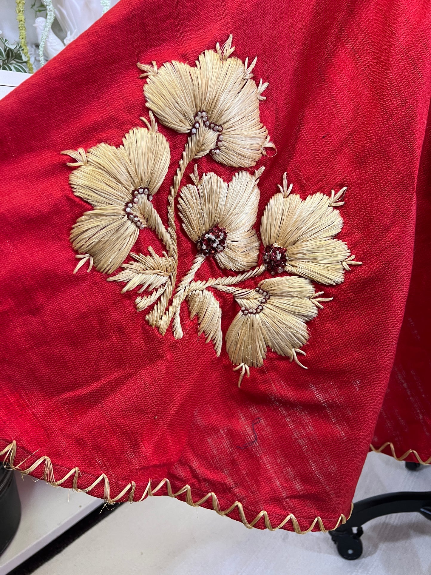 50s Red Mexican Souvenir Raffia Floral Embroidered Circle Skirt