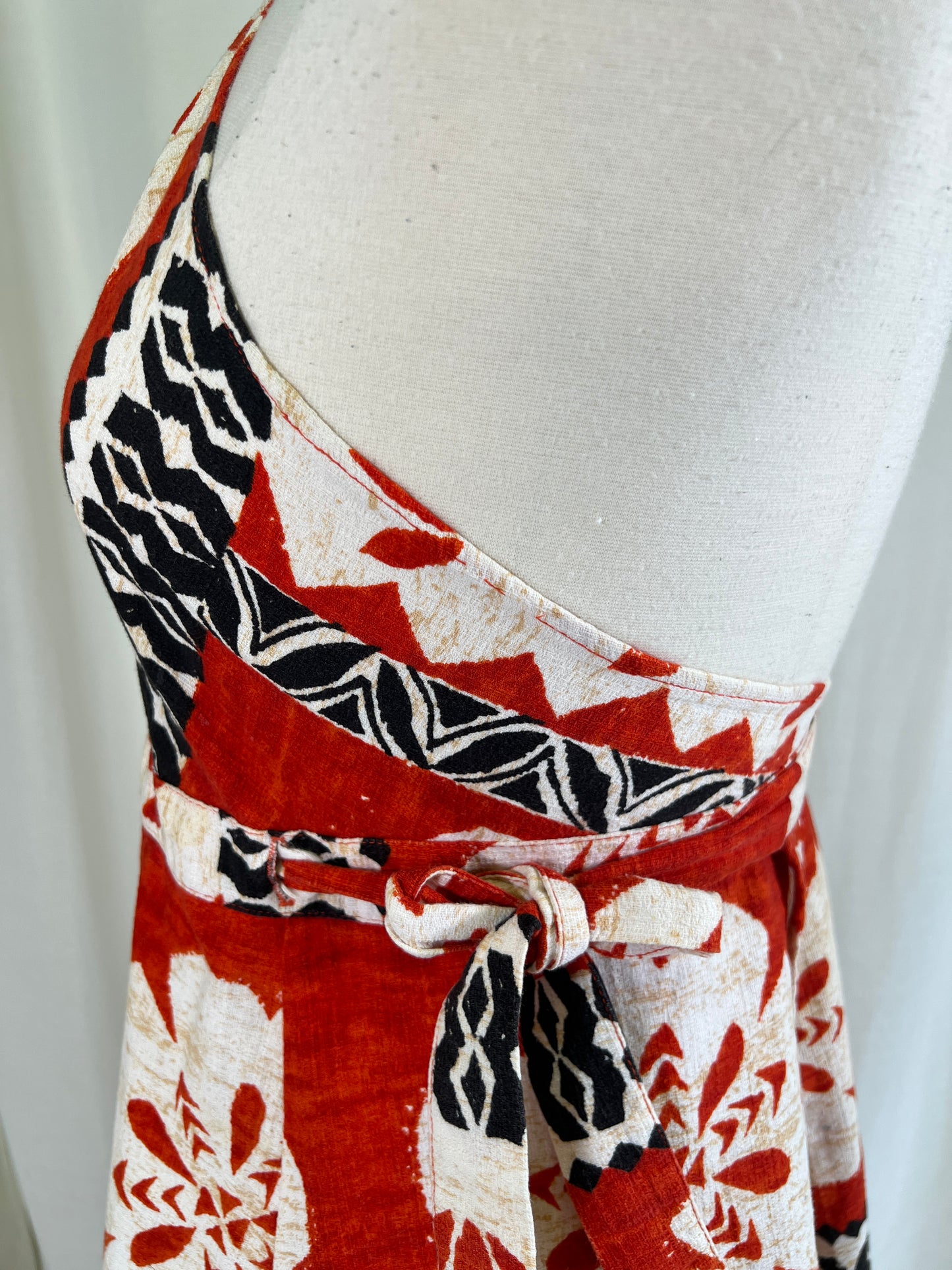 70s Hawaiian Print Halter Neck Red Wrap Dress