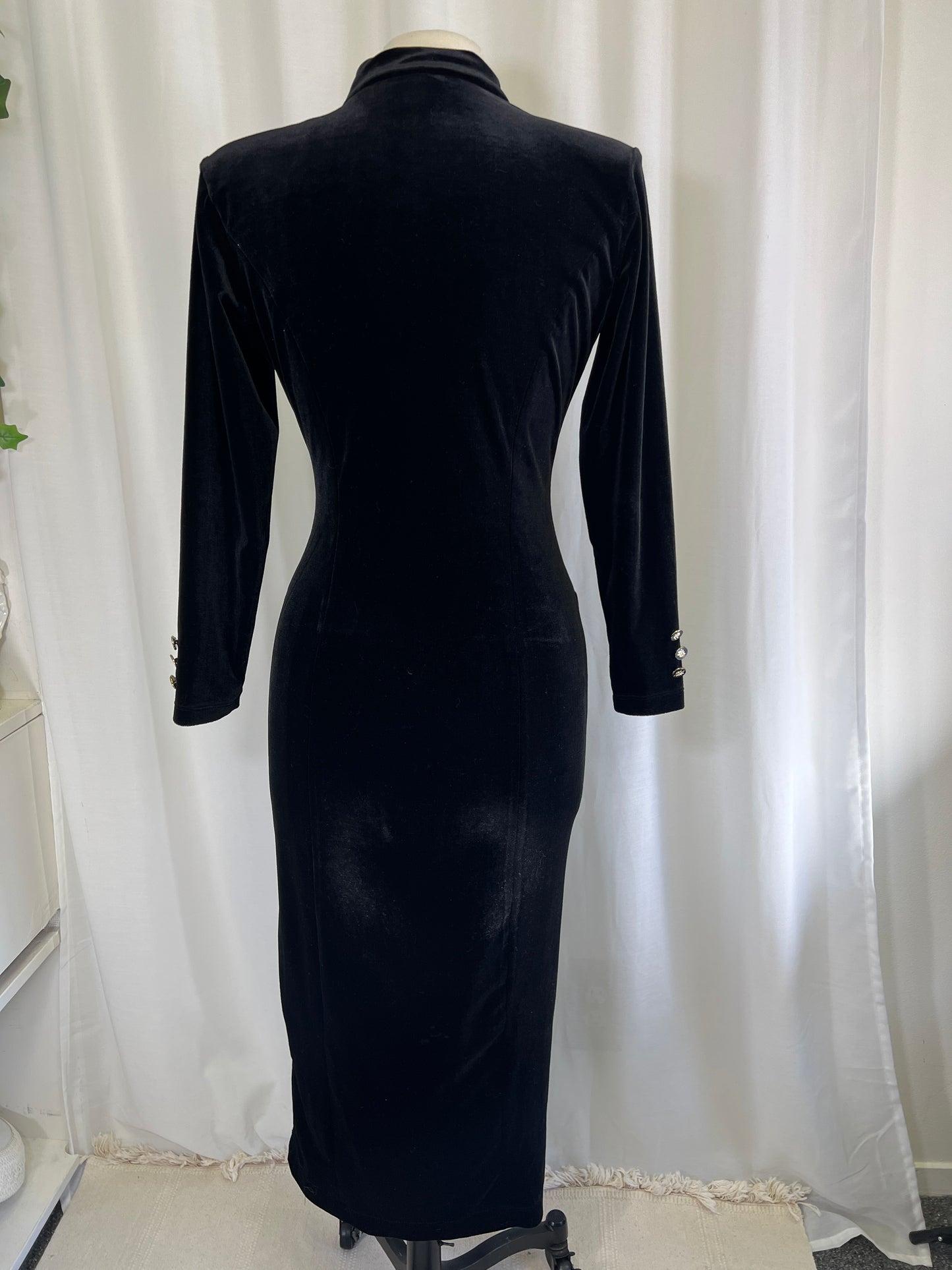 80s Sabrina International Black Velvet Bodycon Dress with Floral Buttons