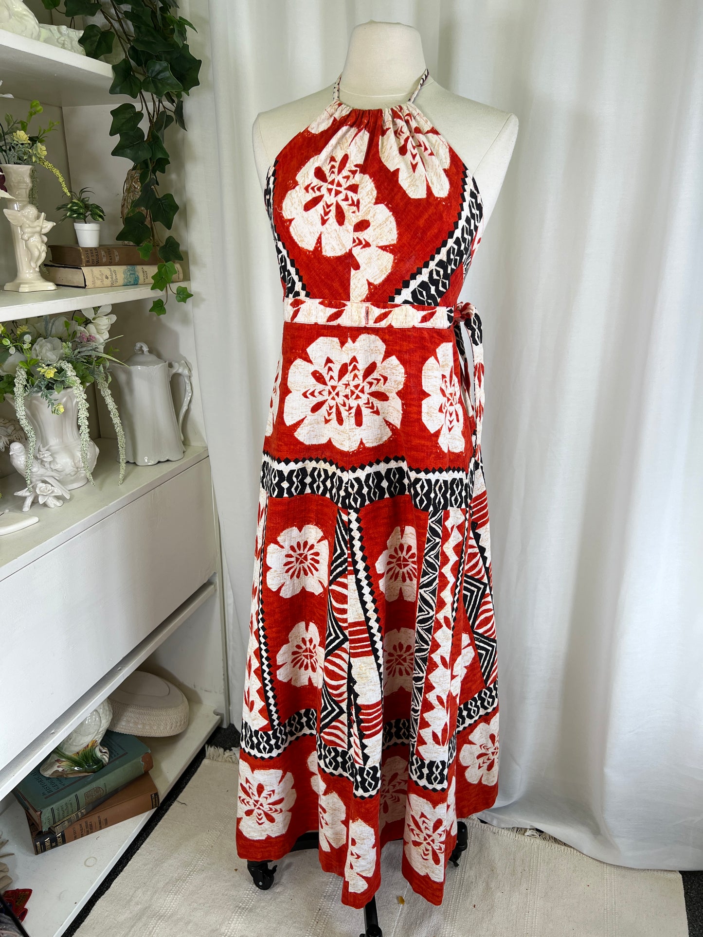 70s Hawaiian Print Halter Neck Red Wrap Dress