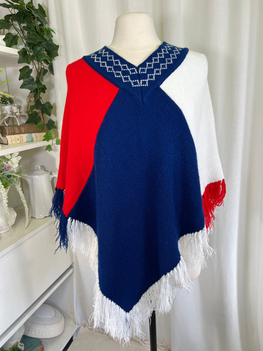 70s Fine Import Red White and Blue Fringed Poncho