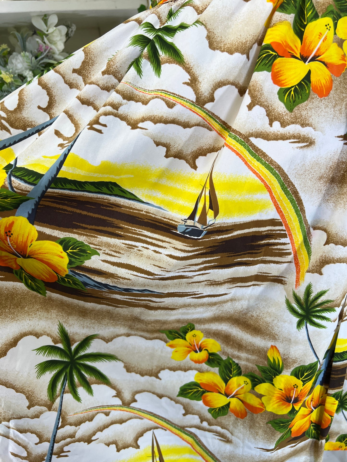 70s Hawaiian Print Sailboats and Rainbows Wrap Skirt