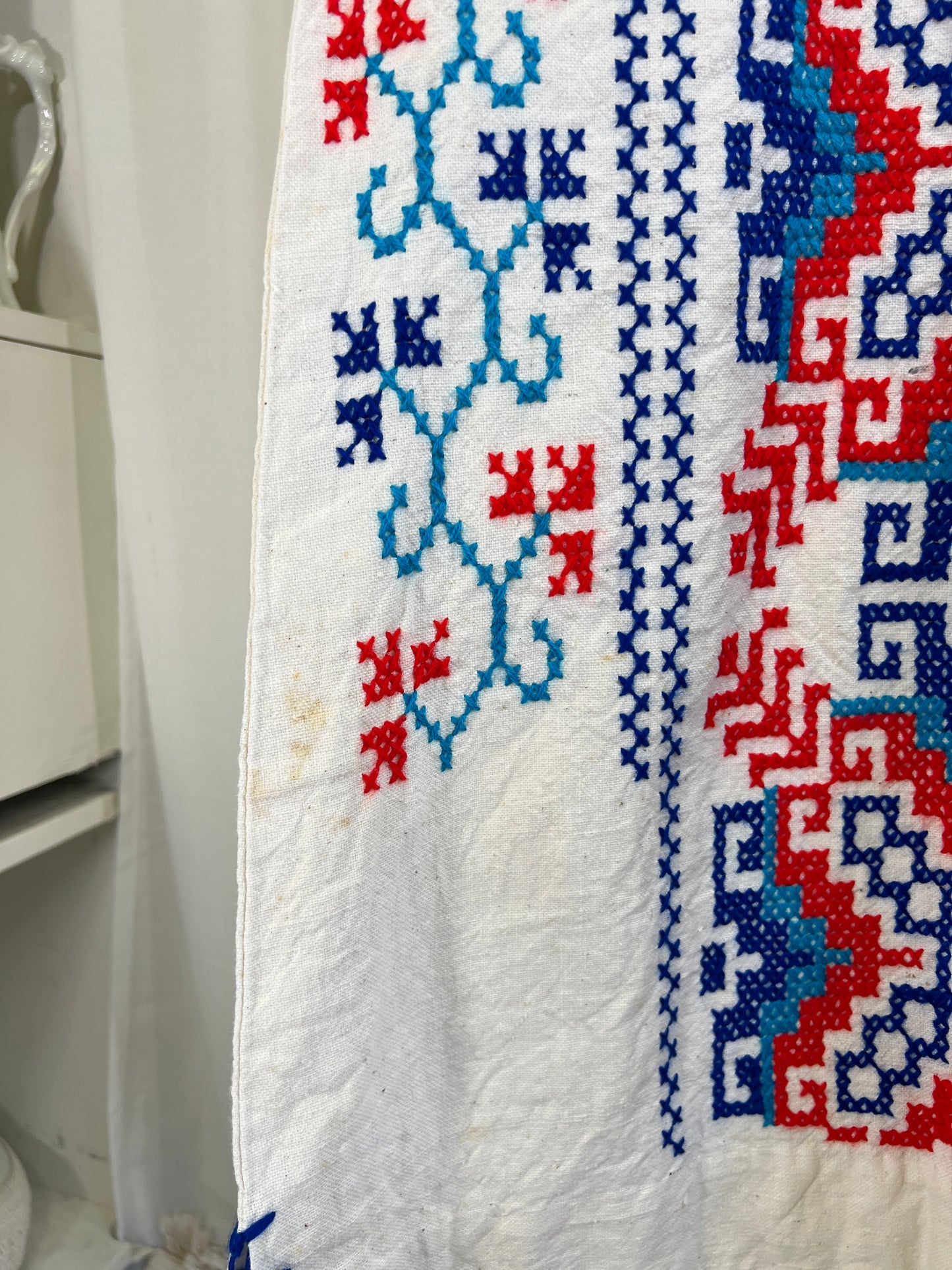 60s Red White and Blue Cross-stitched Bell Sleeved Dress