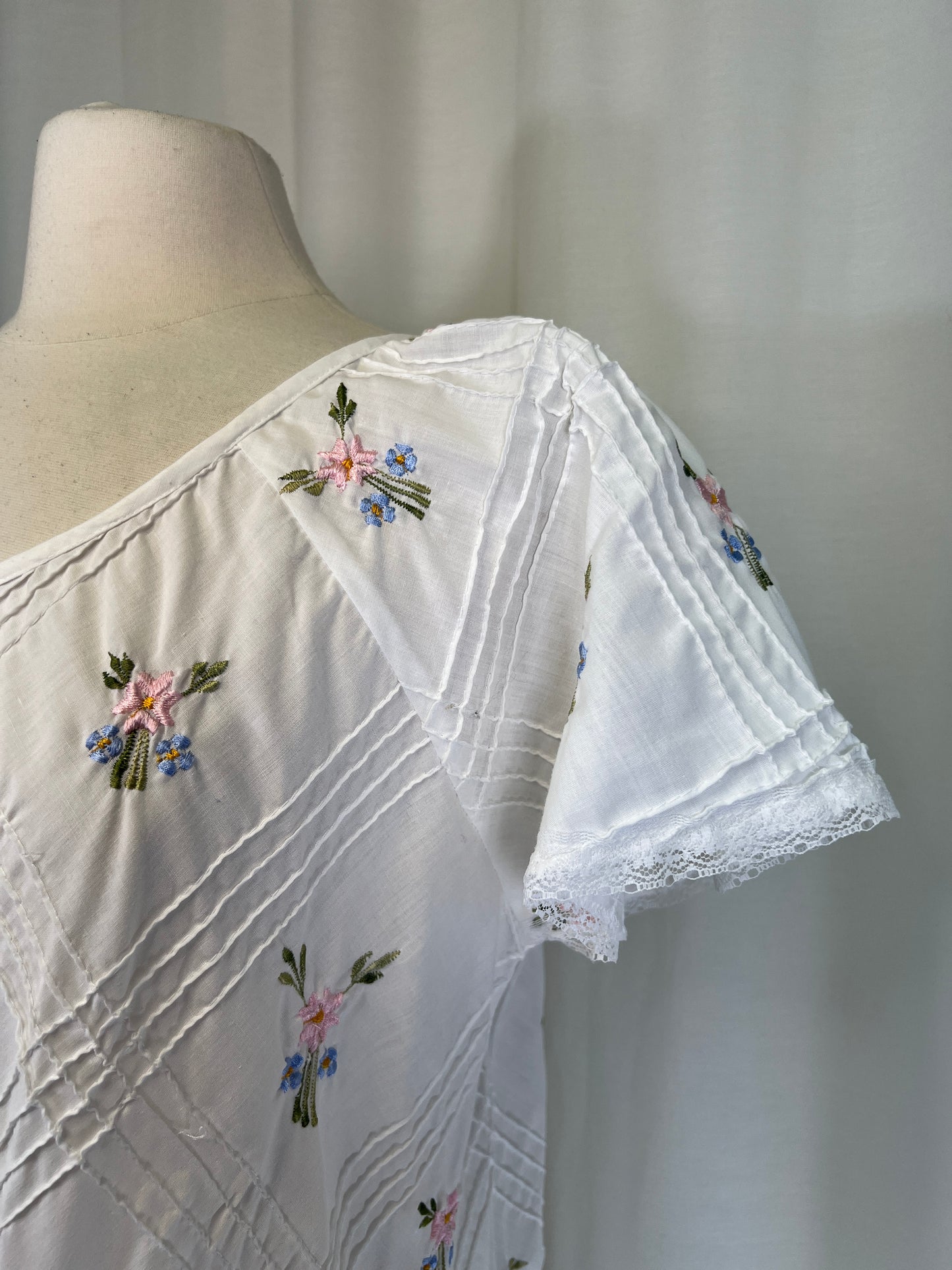 70s Floral Embroidery and Pintucks White Sundress