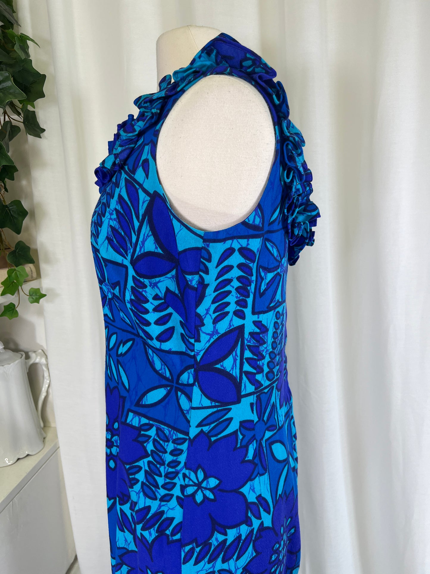 60s Blue Hawaiian Print Dress