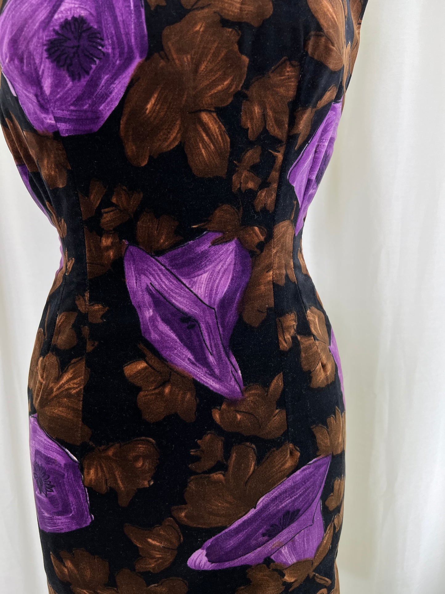 50s Velvet Purple Trumpet Flower Print Wiggle Dress