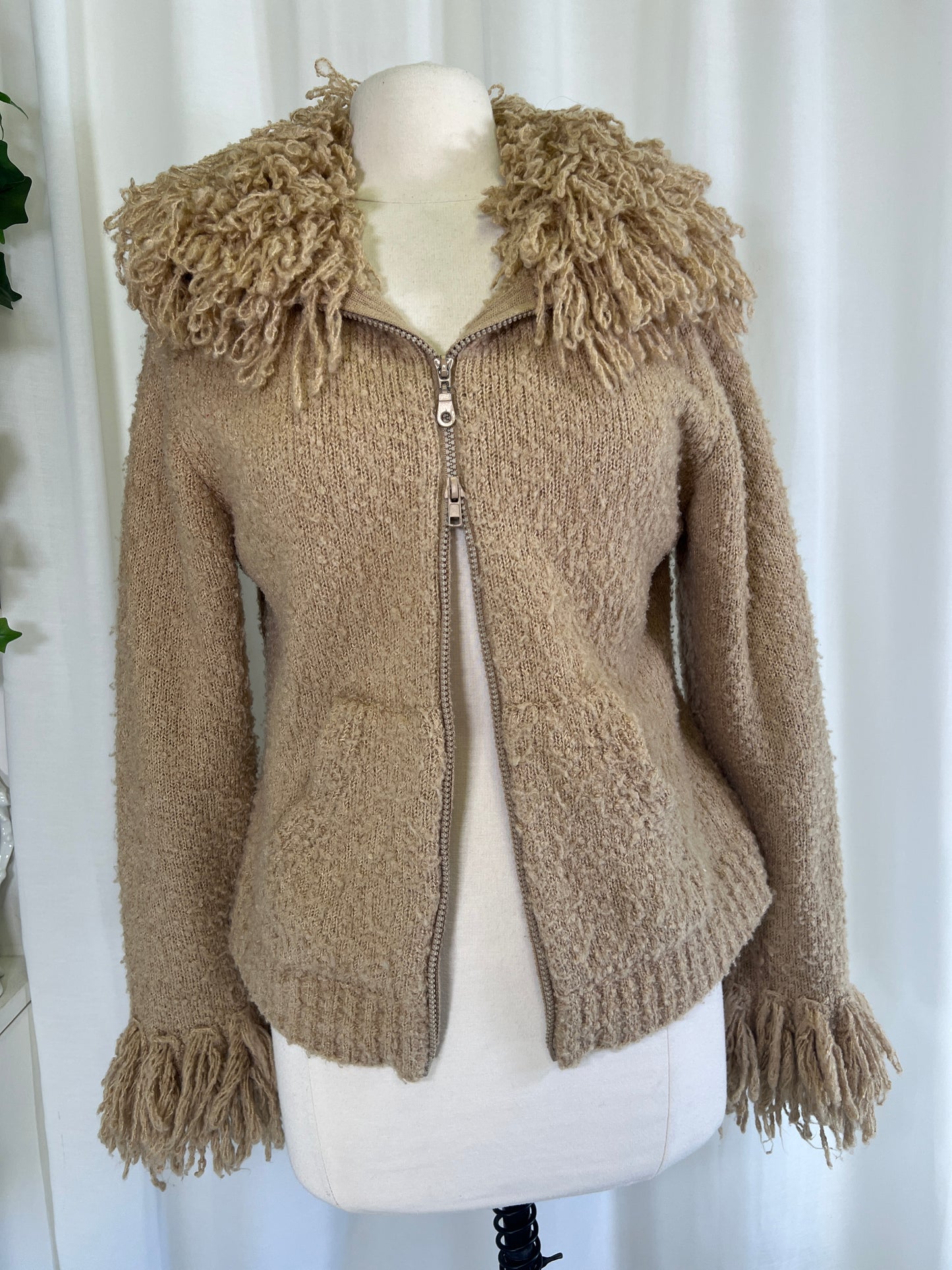 90s Sisters Wool Blend Cream Fringed Zip-up Sweater