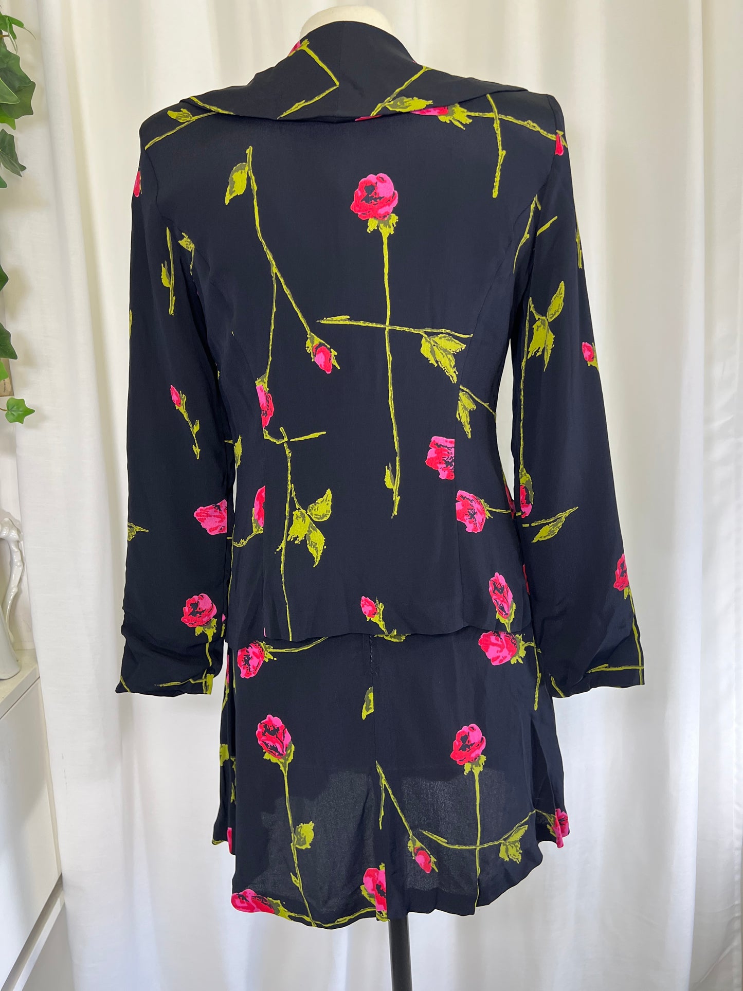 90s Betsey Johnson Long Stem Red Roses Print Mini Dress and Jacket Set