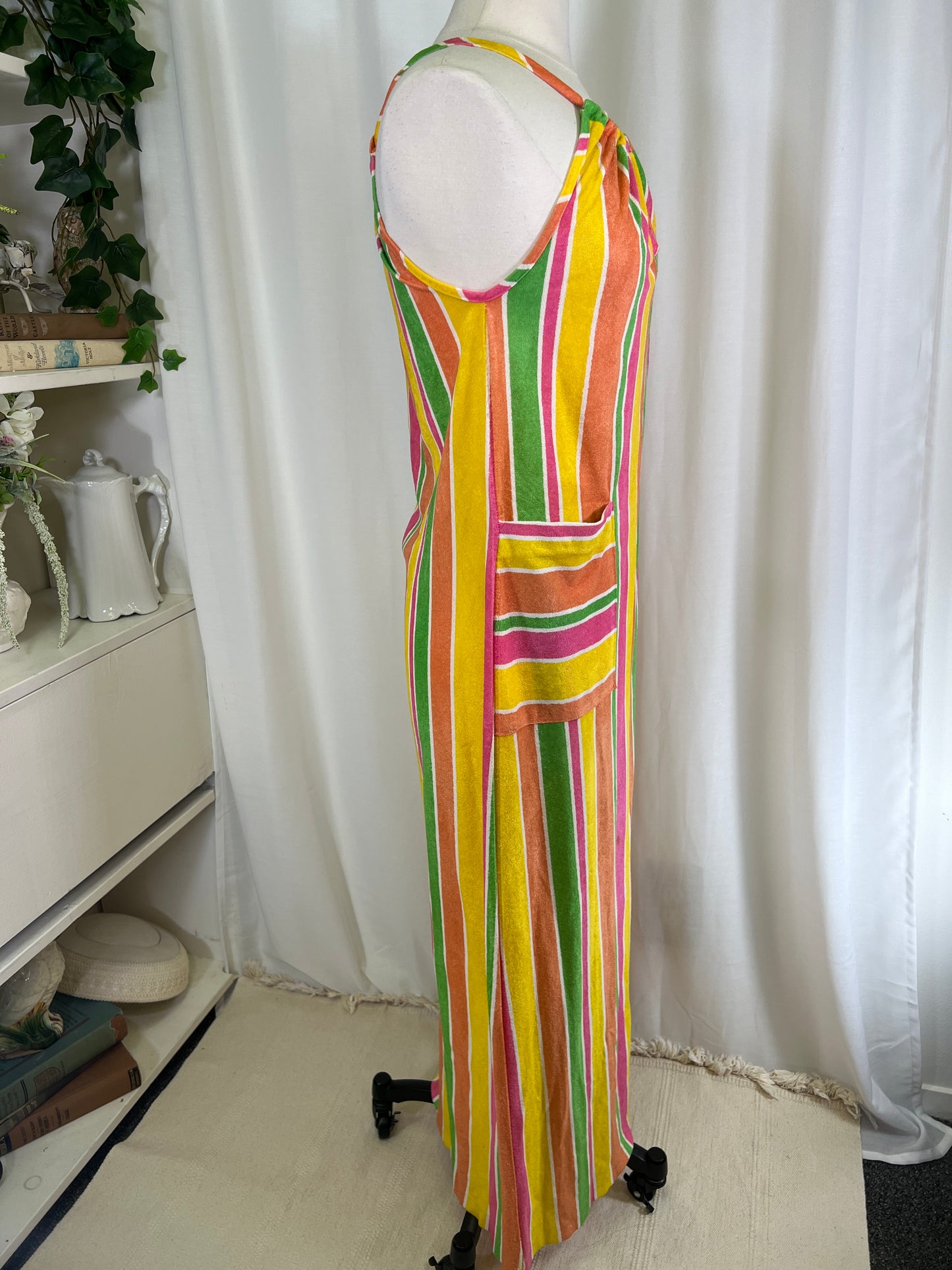 70s Terry Cloth Style Rainbow Candy Striped Maxi Dress