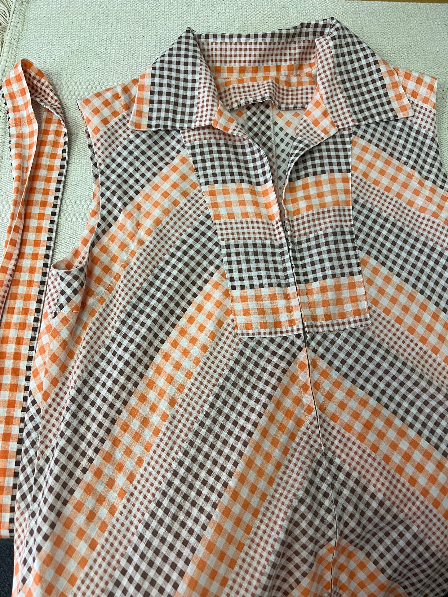 60s Brown and Orange Gingham Chevron House Dress