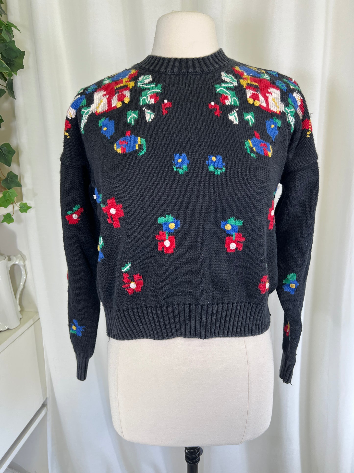 90s Chaus Petites Black Floral Sweater