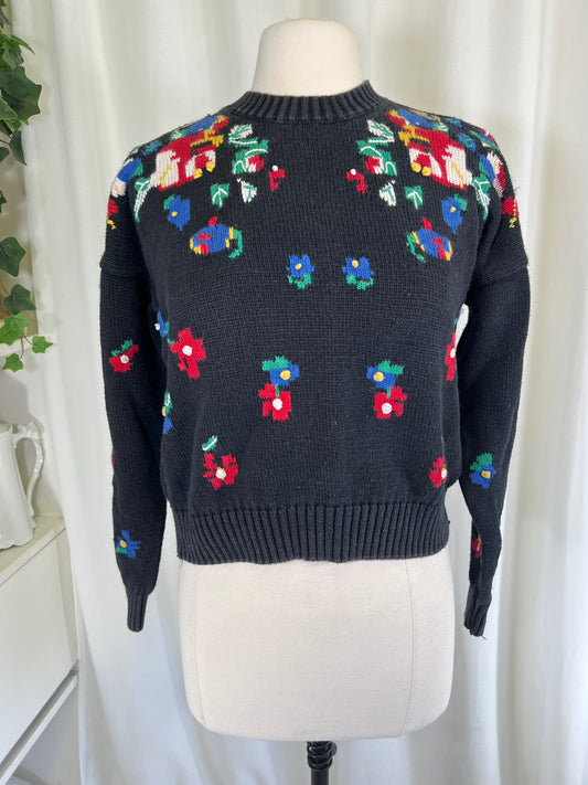 90s Chaus Petites Black Floral Sweater