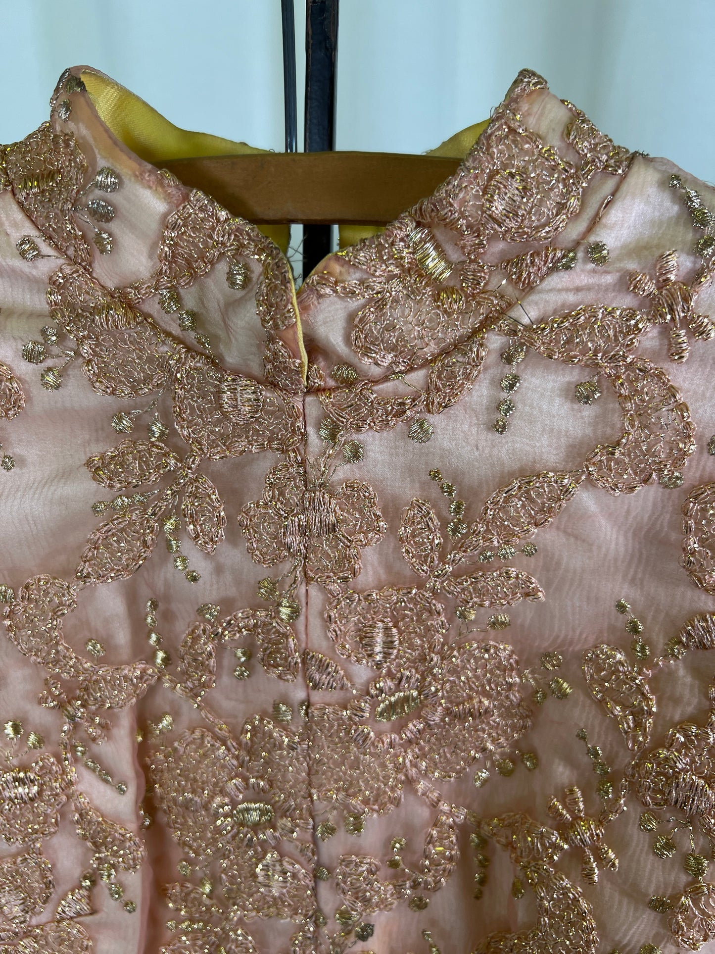 60s Handmade Pink and Gold Lamé Floral Embroidered Maxi Gown