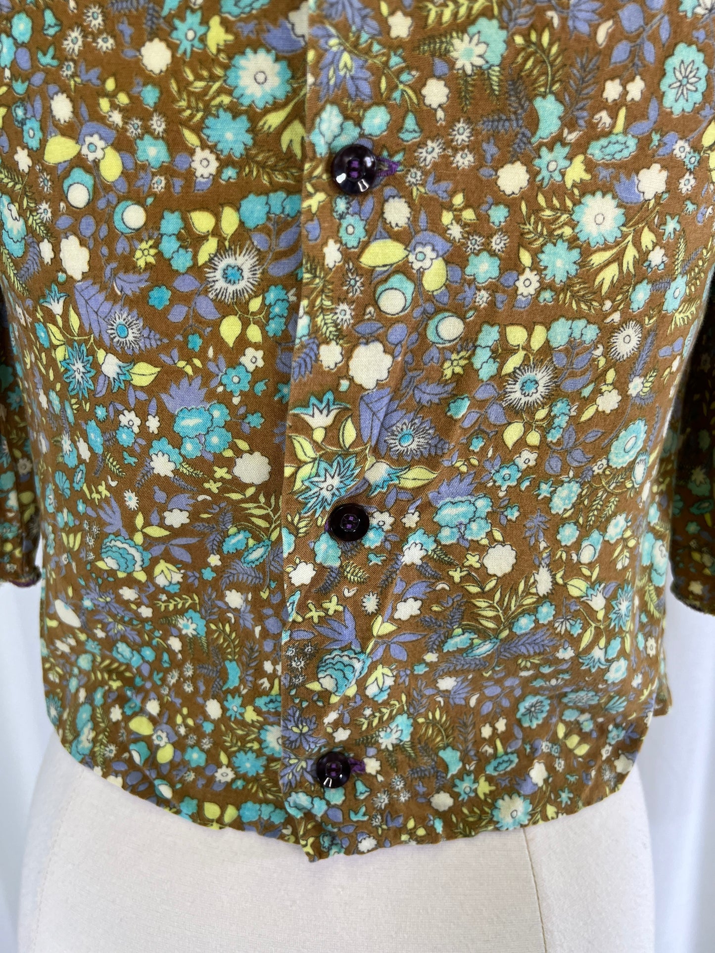 60s Moss Green Ditzy Floral Ruffle Neck Blouse