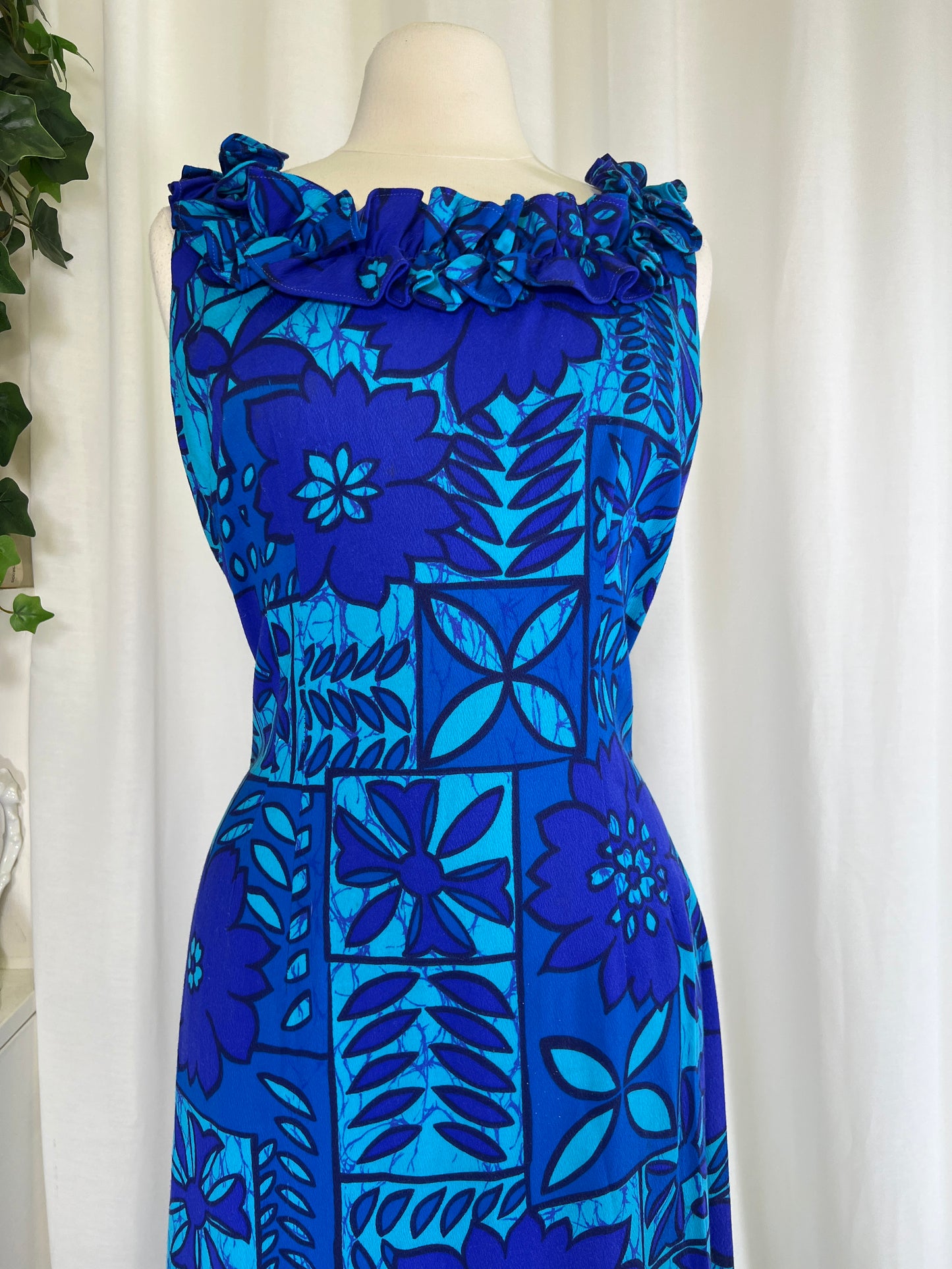 60s Blue Hawaiian Print Dress