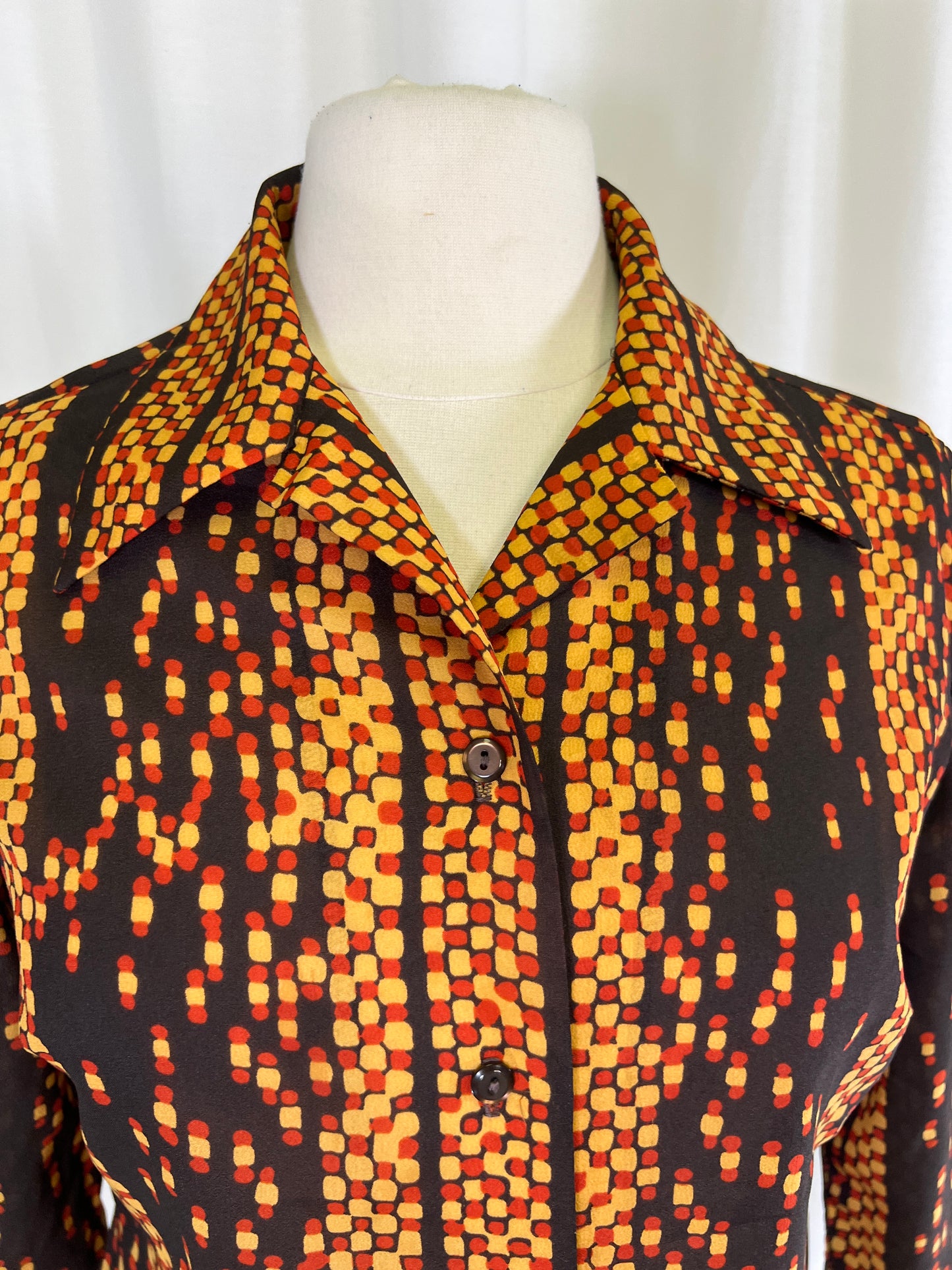 70s Alex Colman Abstract Brown and Orange Dagger Collar Blouse