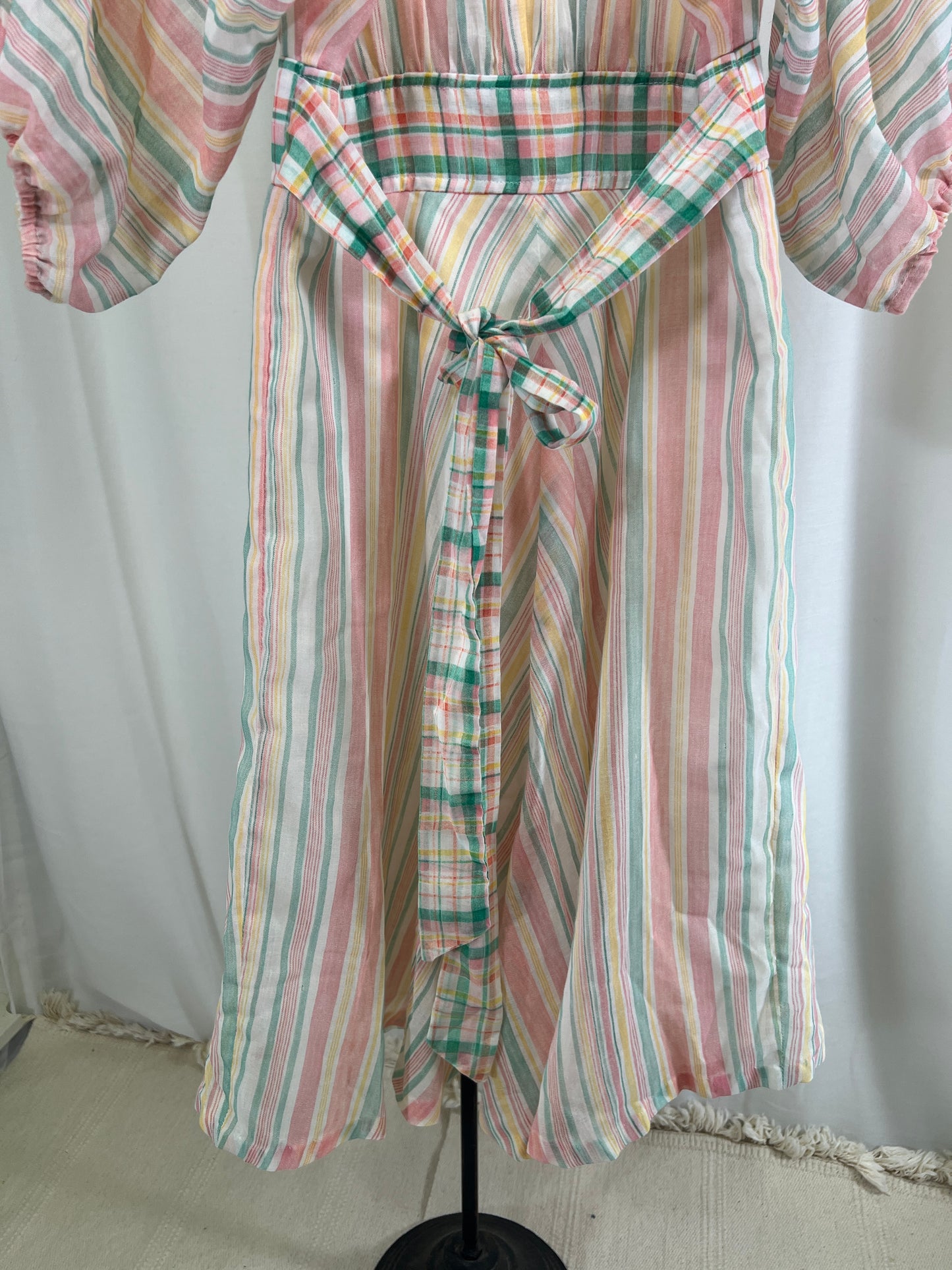 70s Pastel Stripes and Plaids Puffy Dolman Sleeve Mini Dress