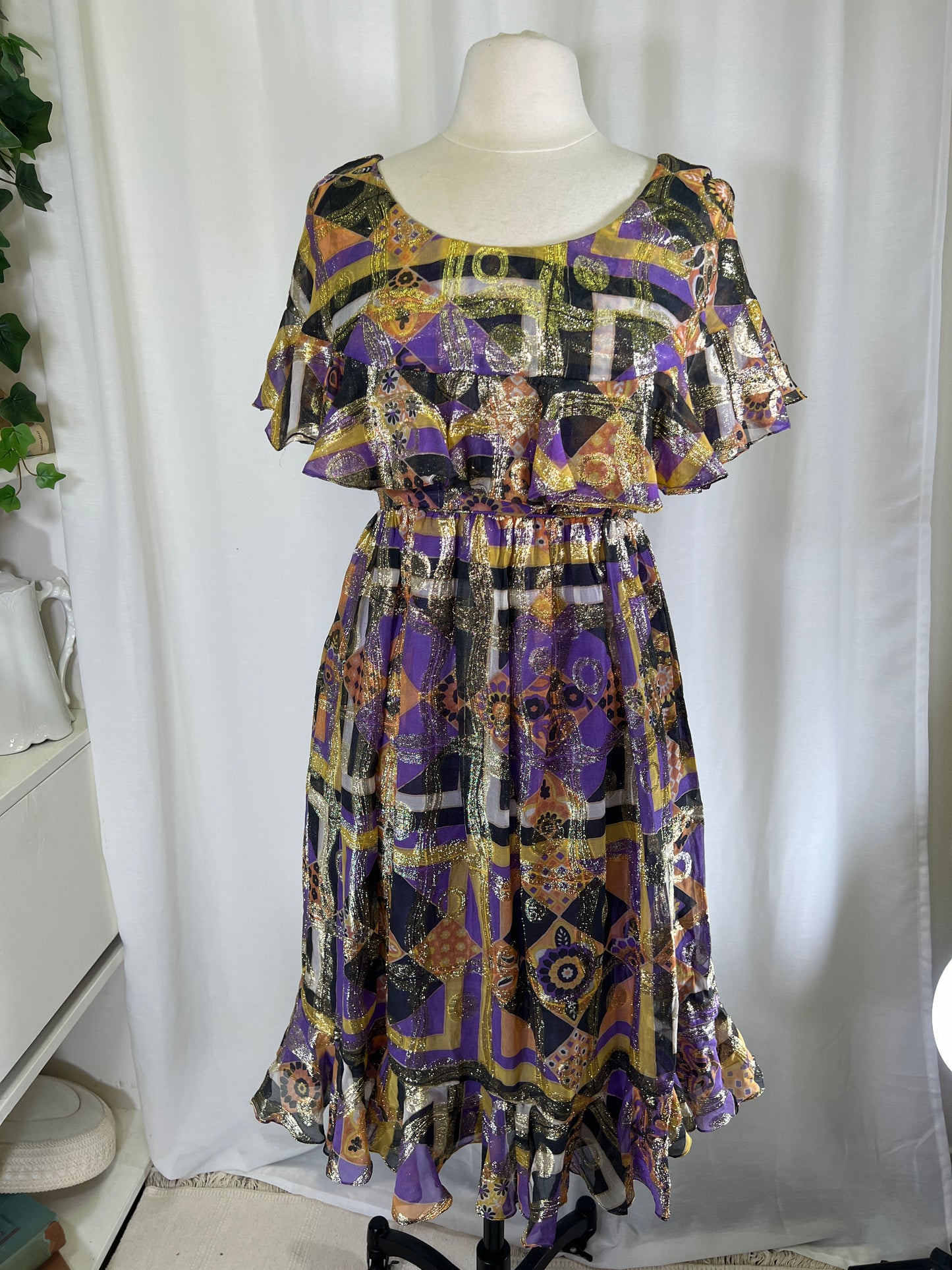 60's Malcom Starr Gold and Purple Psychedelic Lamé Mini Dress