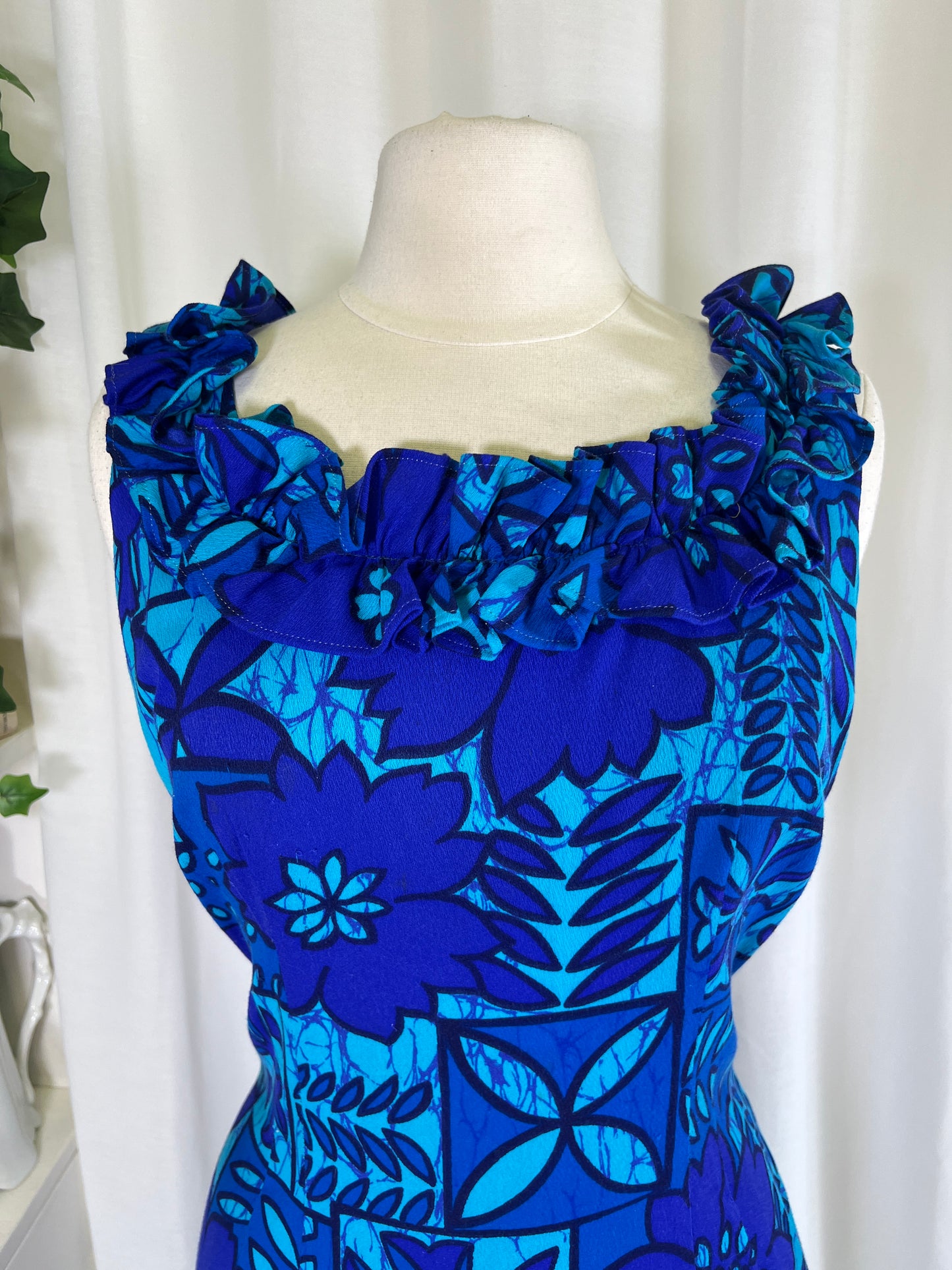 60s Blue Hawaiian Print Dress