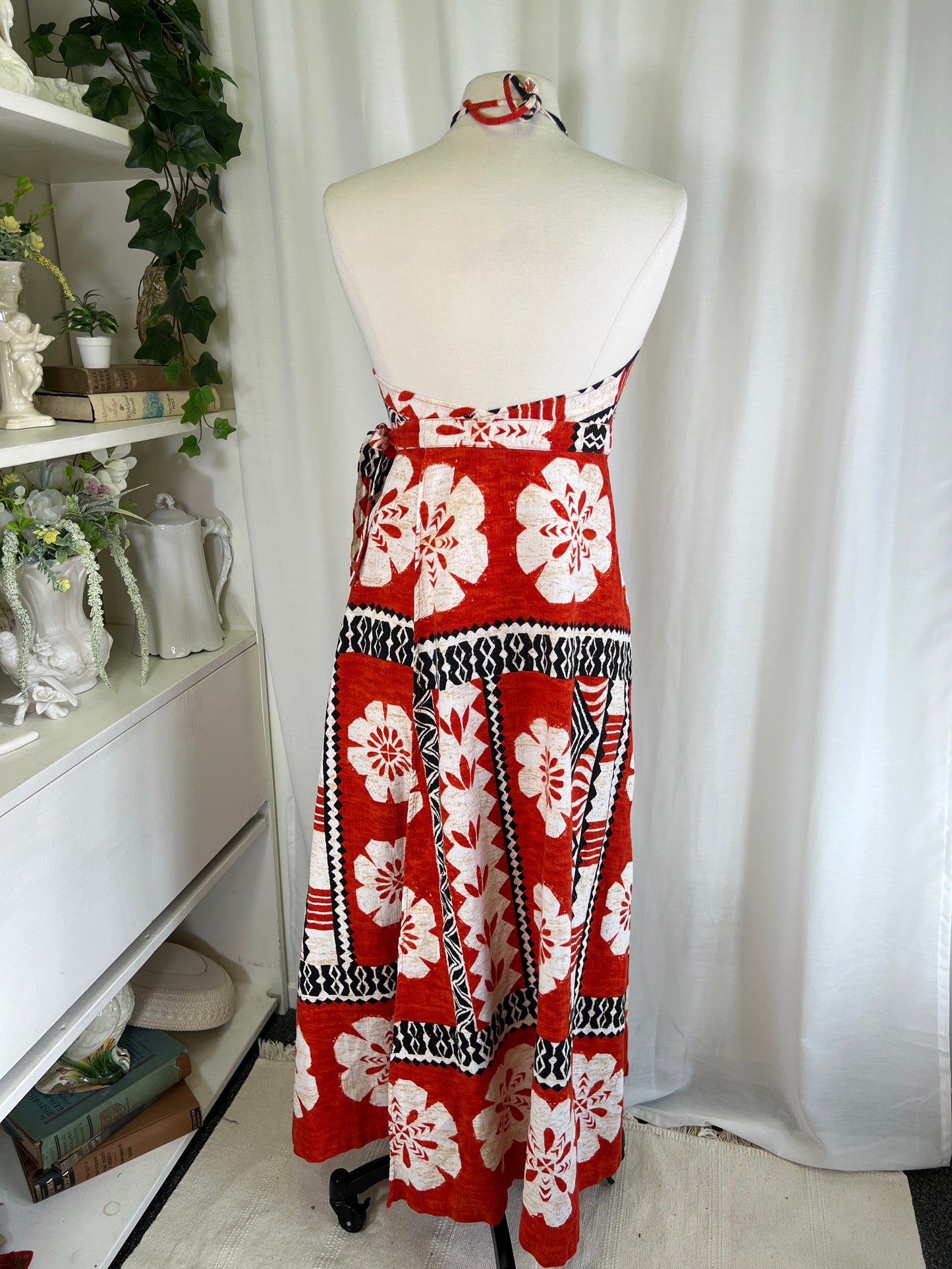 70s Hawaiian Print Halter Neck Red Wrap Dress