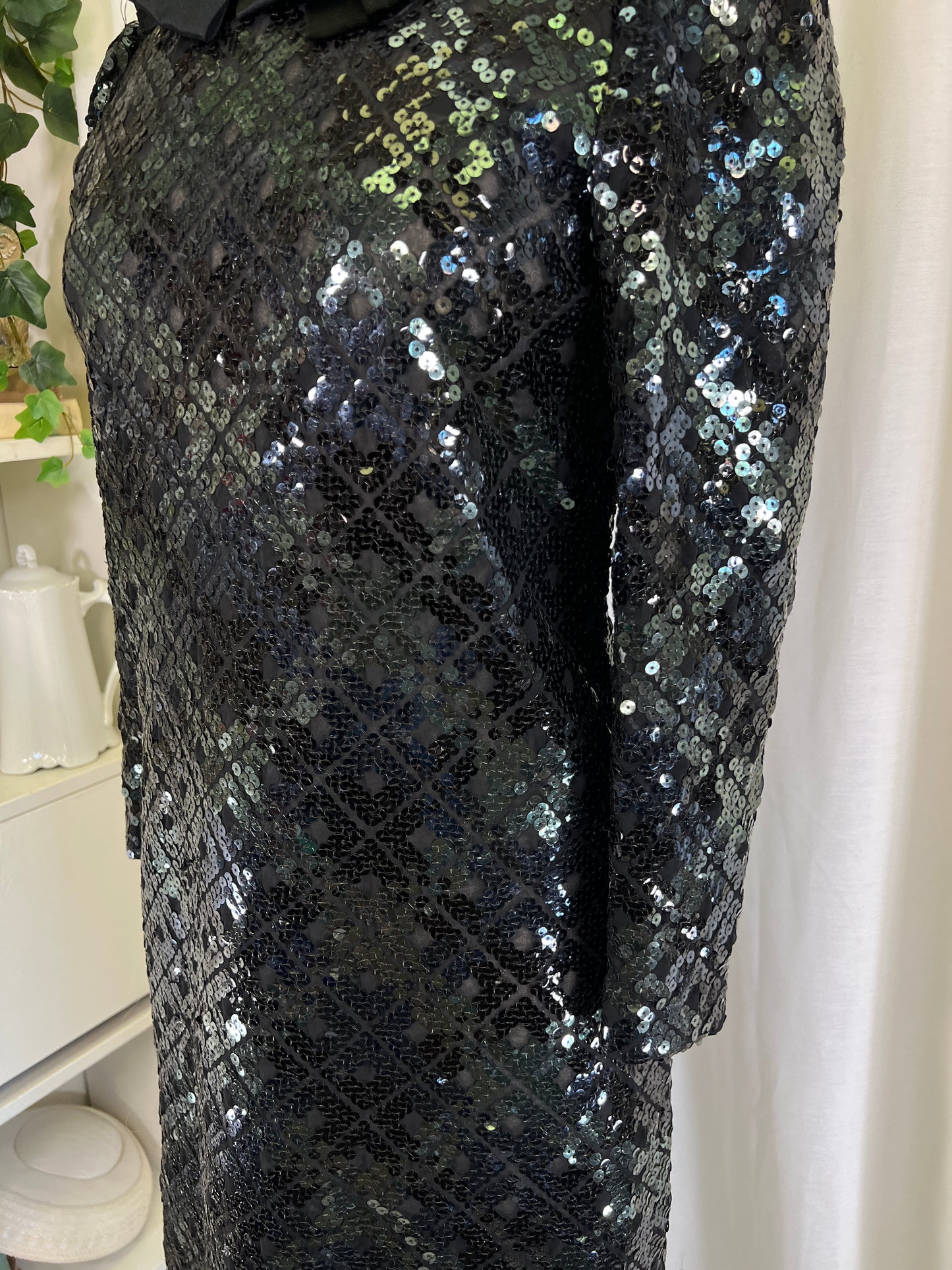 70s Amelia Gray Black Sequined Sheer Bow Neck Midi Dress