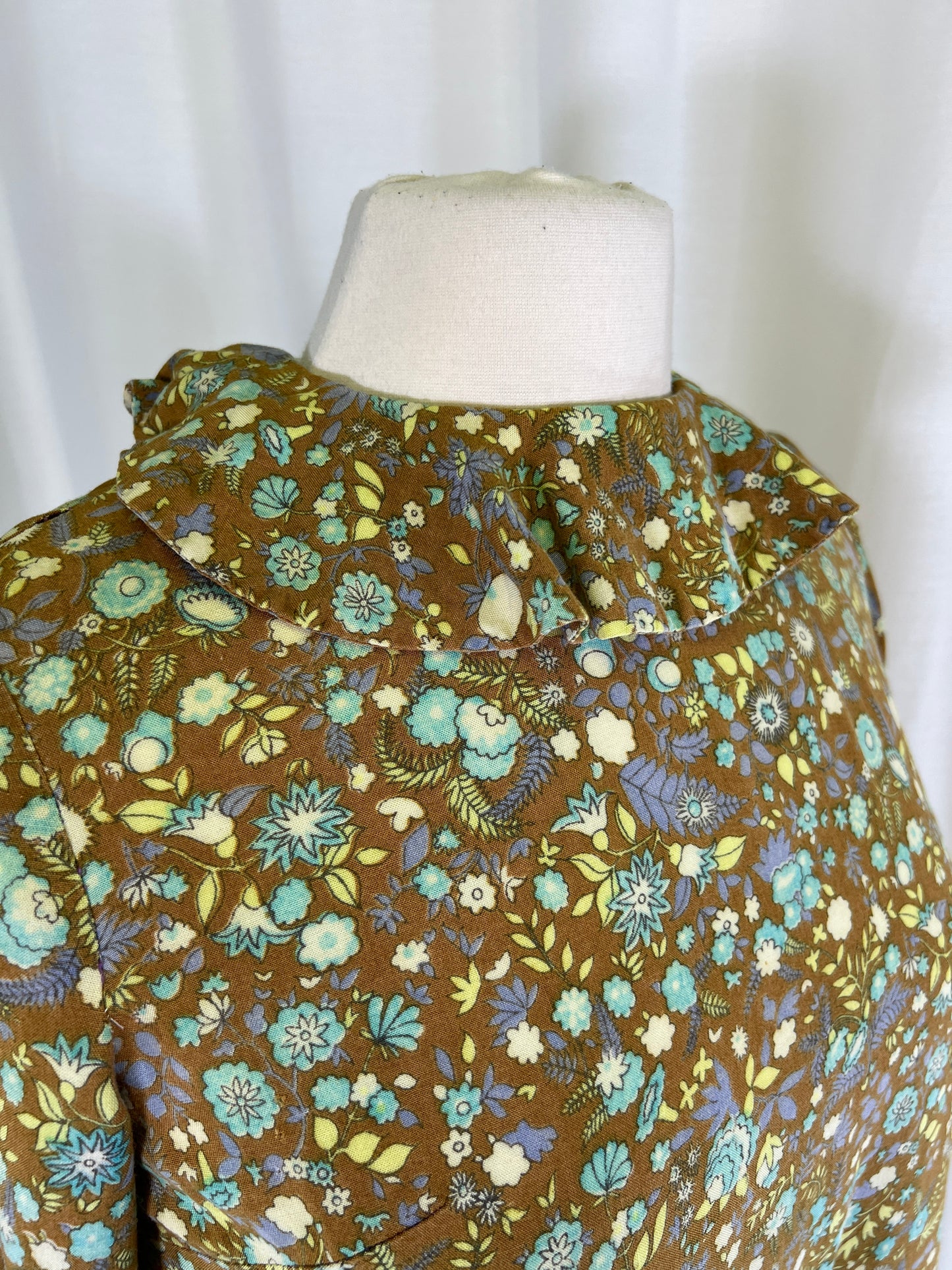 60s Moss Green Ditzy Floral Ruffle Neck Blouse