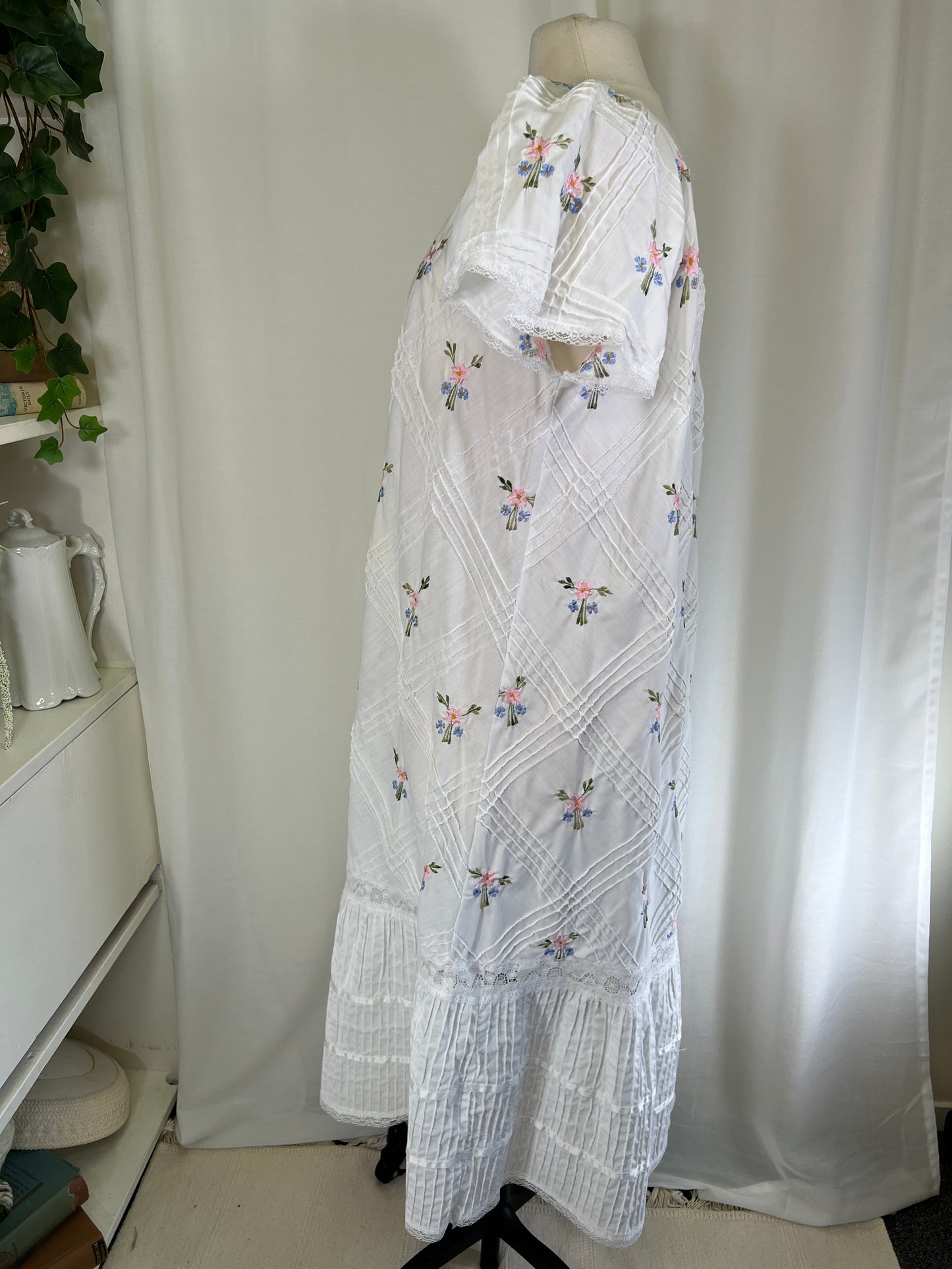 70s Floral Embroidery and Pintucks White Sundress