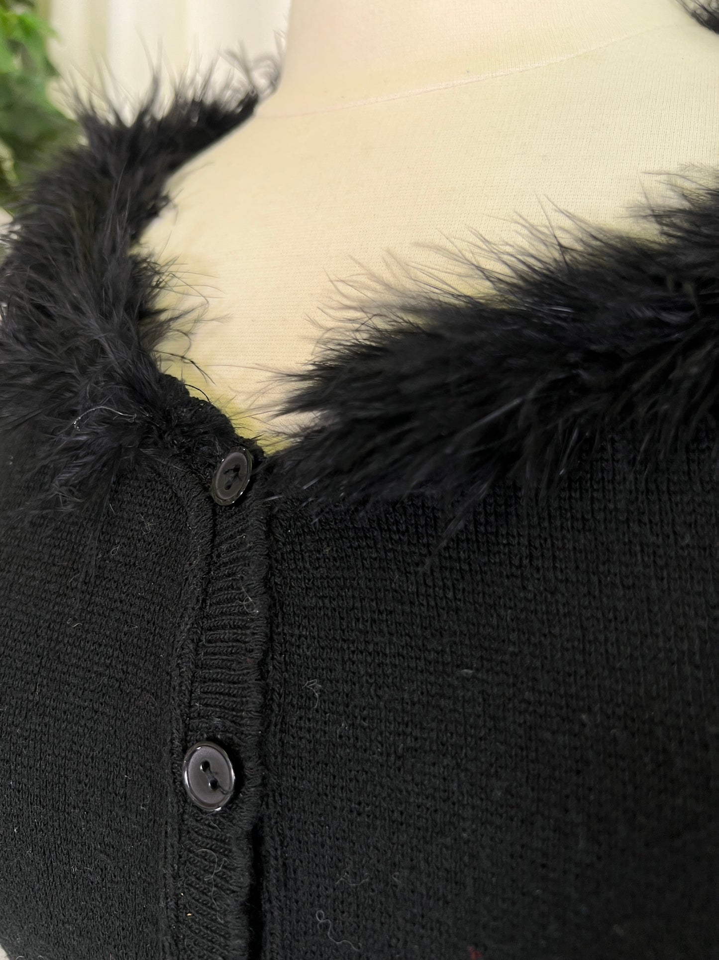 90s Smooches Feather Trimmed Black Cardigan