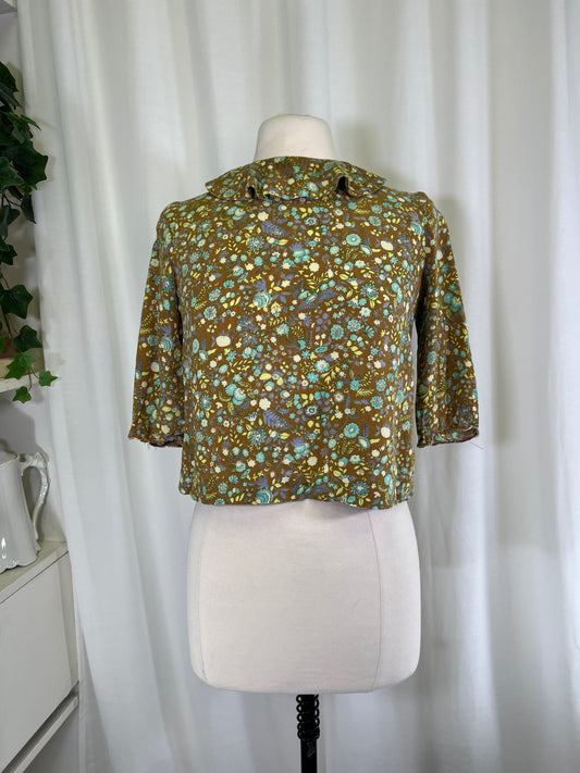 60s Moss Green Ditzy Floral Ruffle Neck Blouse