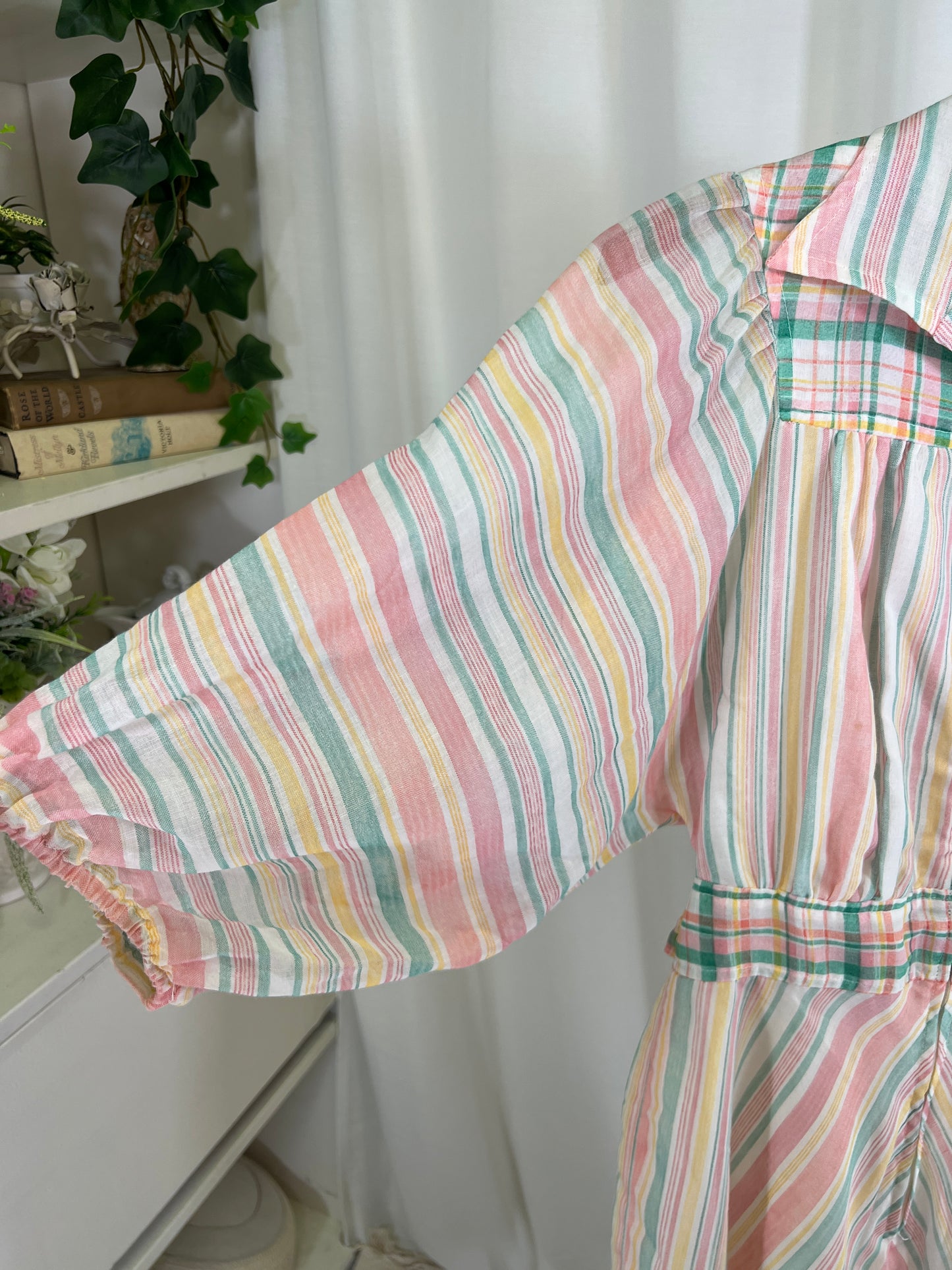 70s Pastel Stripes and Plaids Puffy Dolman Sleeve Mini Dress