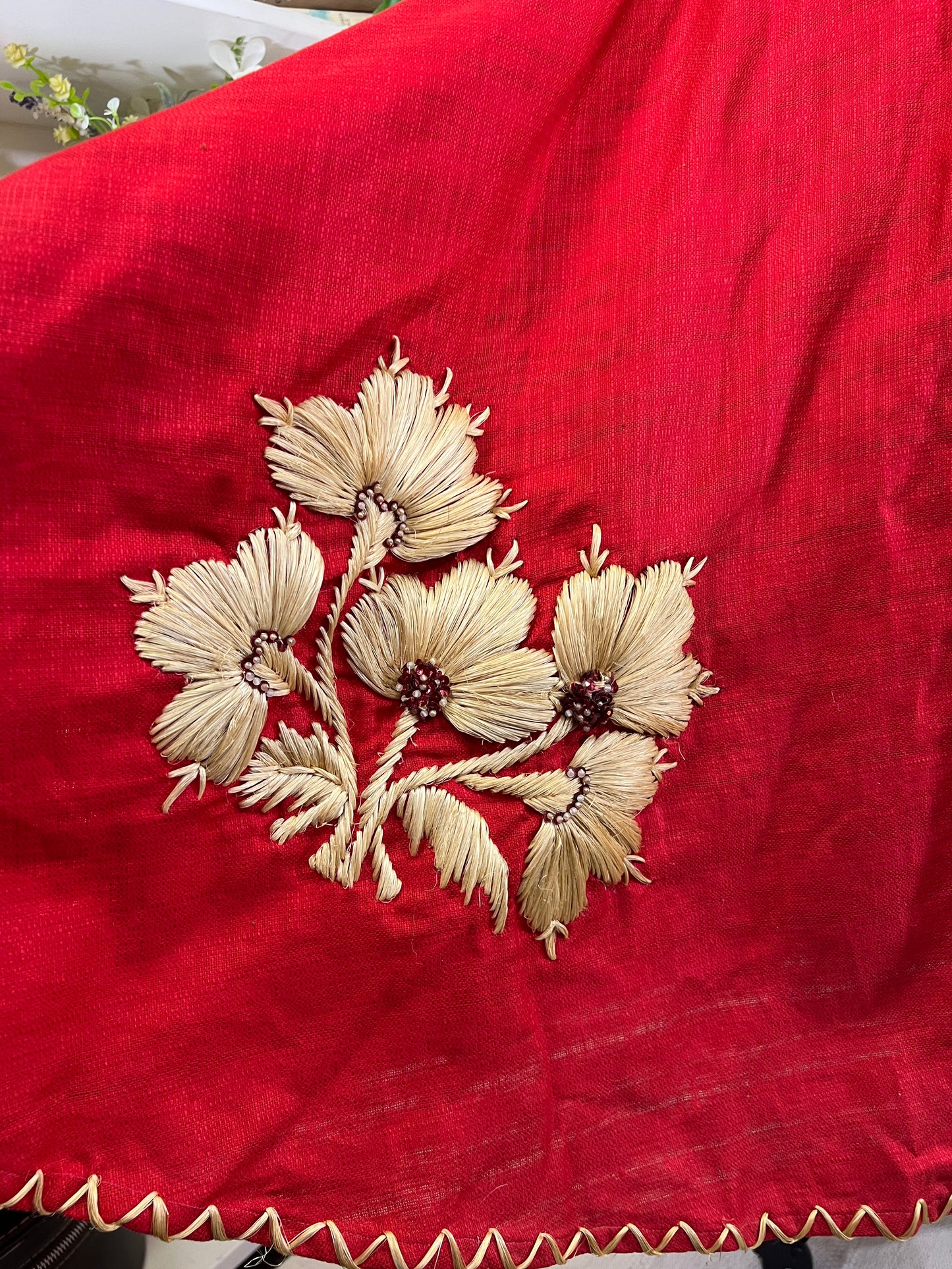 50s Red Mexican Souvenir Raffia Floral Embroidered Circle Skirt