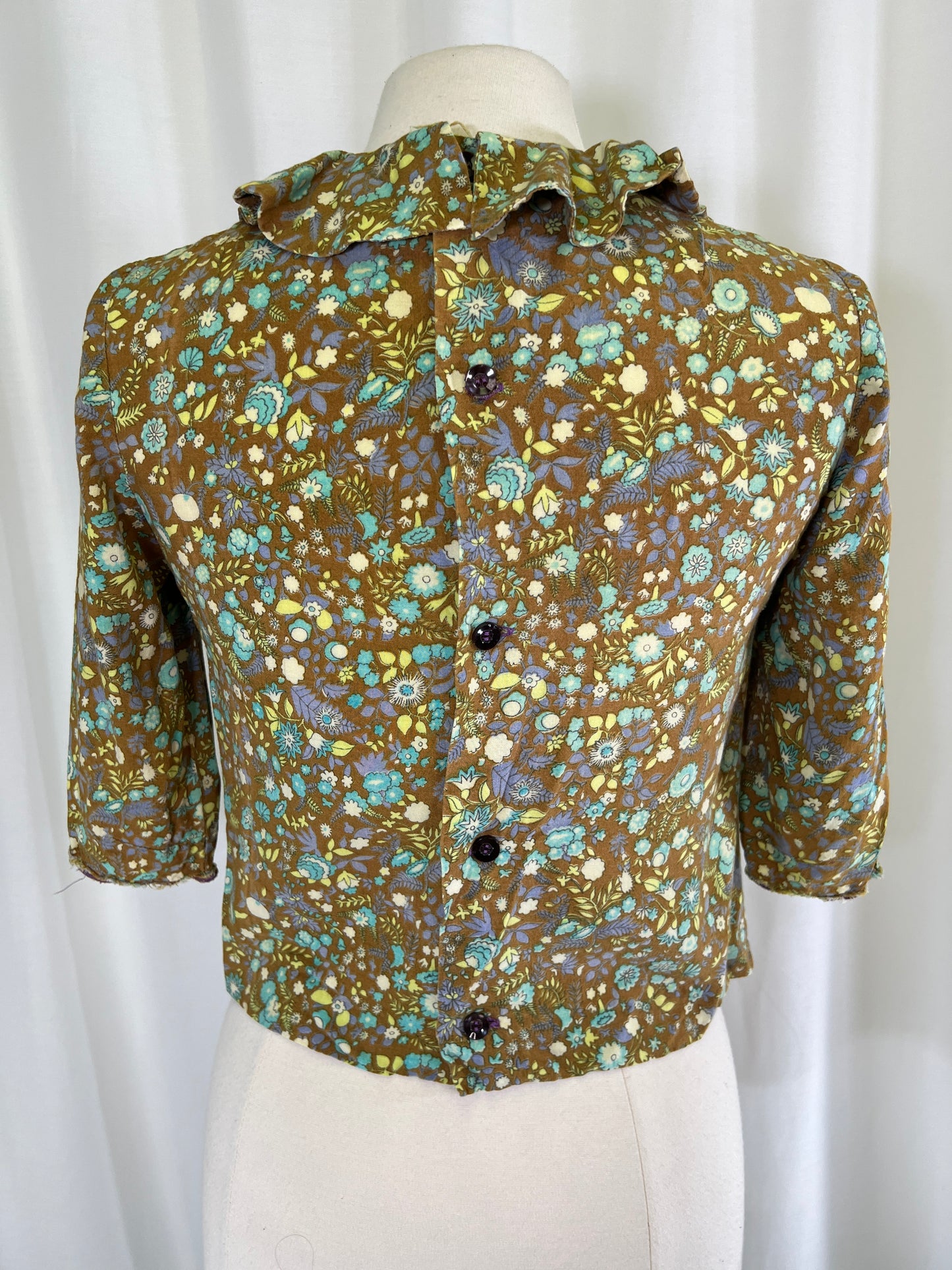 60s Moss Green Ditzy Floral Ruffle Neck Blouse