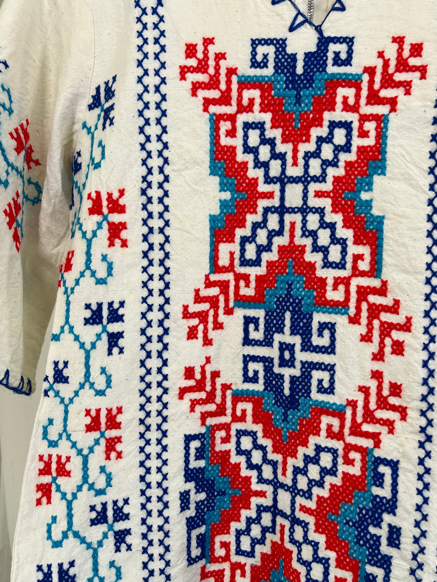 60s Red White and Blue Cross-stitched Bell Sleeved Dress