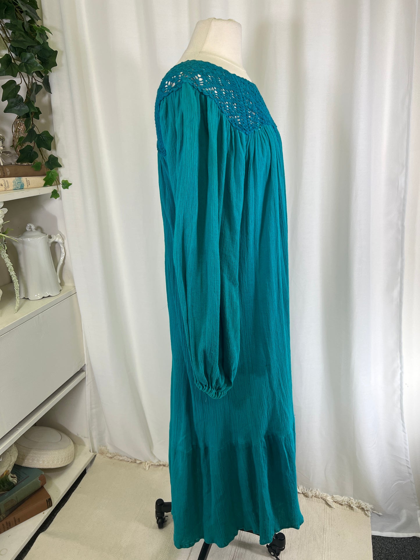 70s Teal Bila Crochet Top Cotton Gauze Maxi Dress