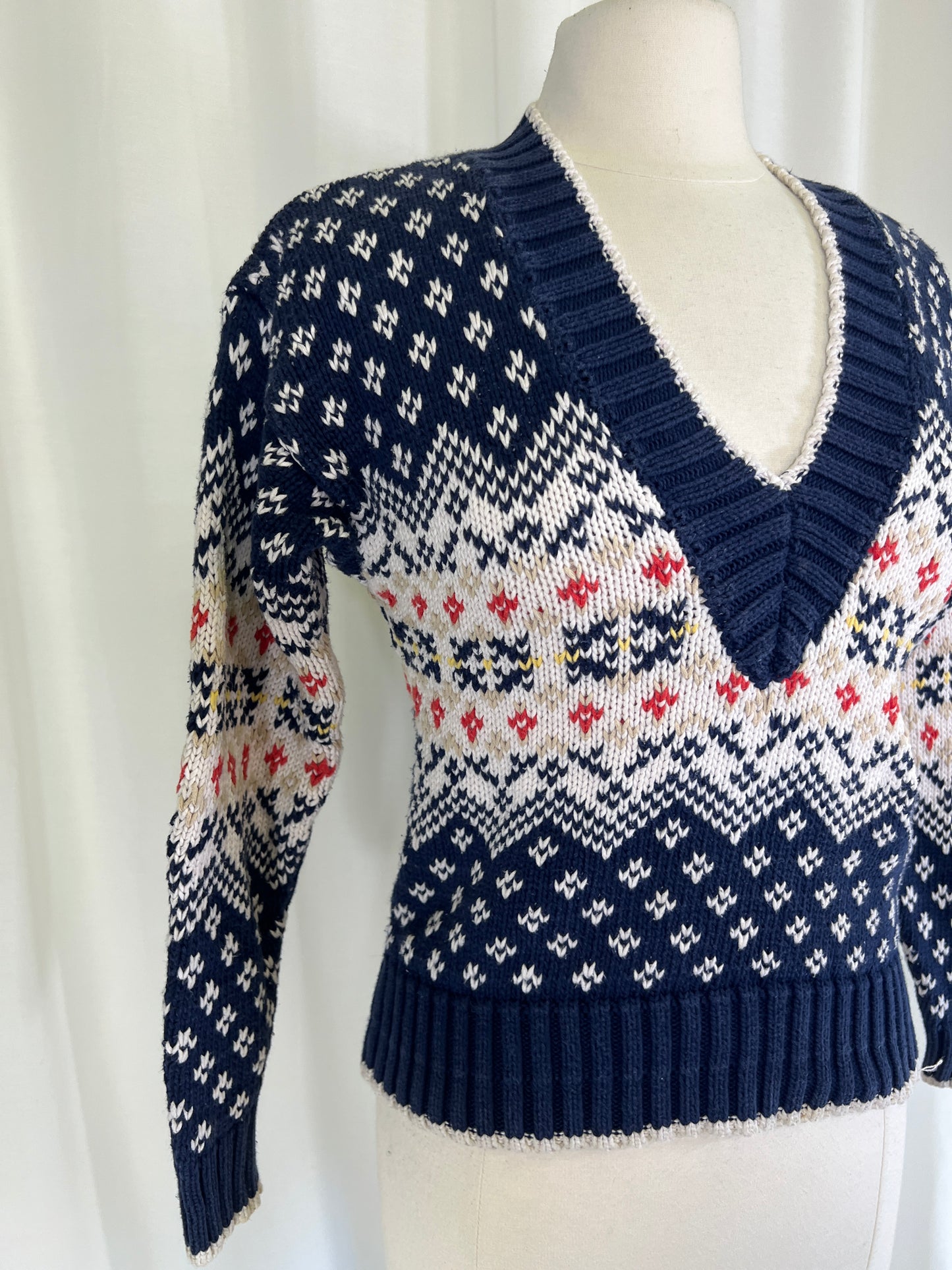 90s Liz Sport Blue Nordic Patterned V-Neck Sweater