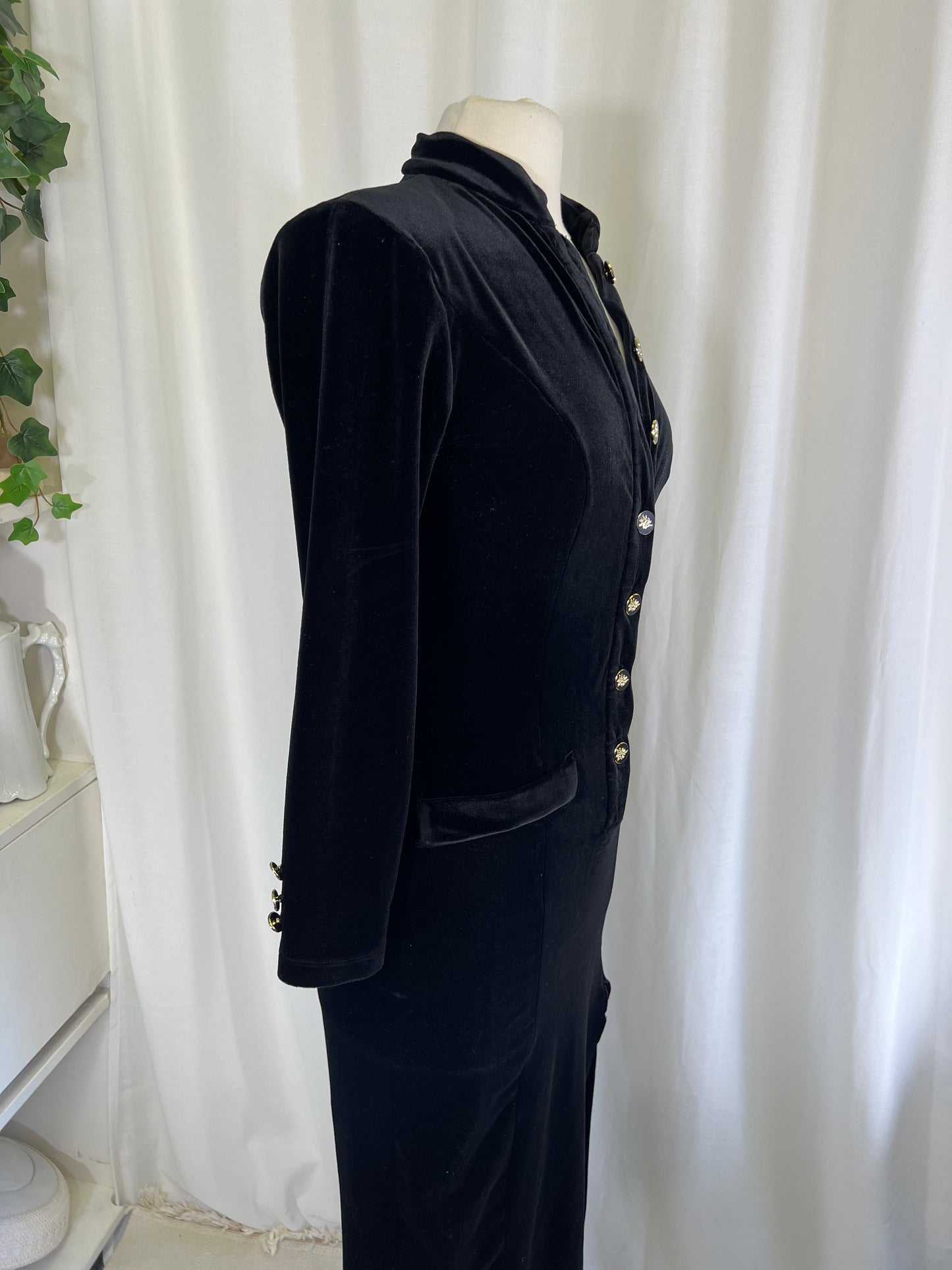 80s Sabrina International Black Velvet Bodycon Dress with Floral Buttons