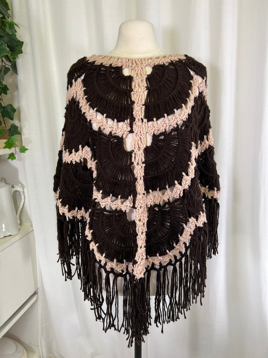 70s Cream and Brown Crochet Fringed Poncho