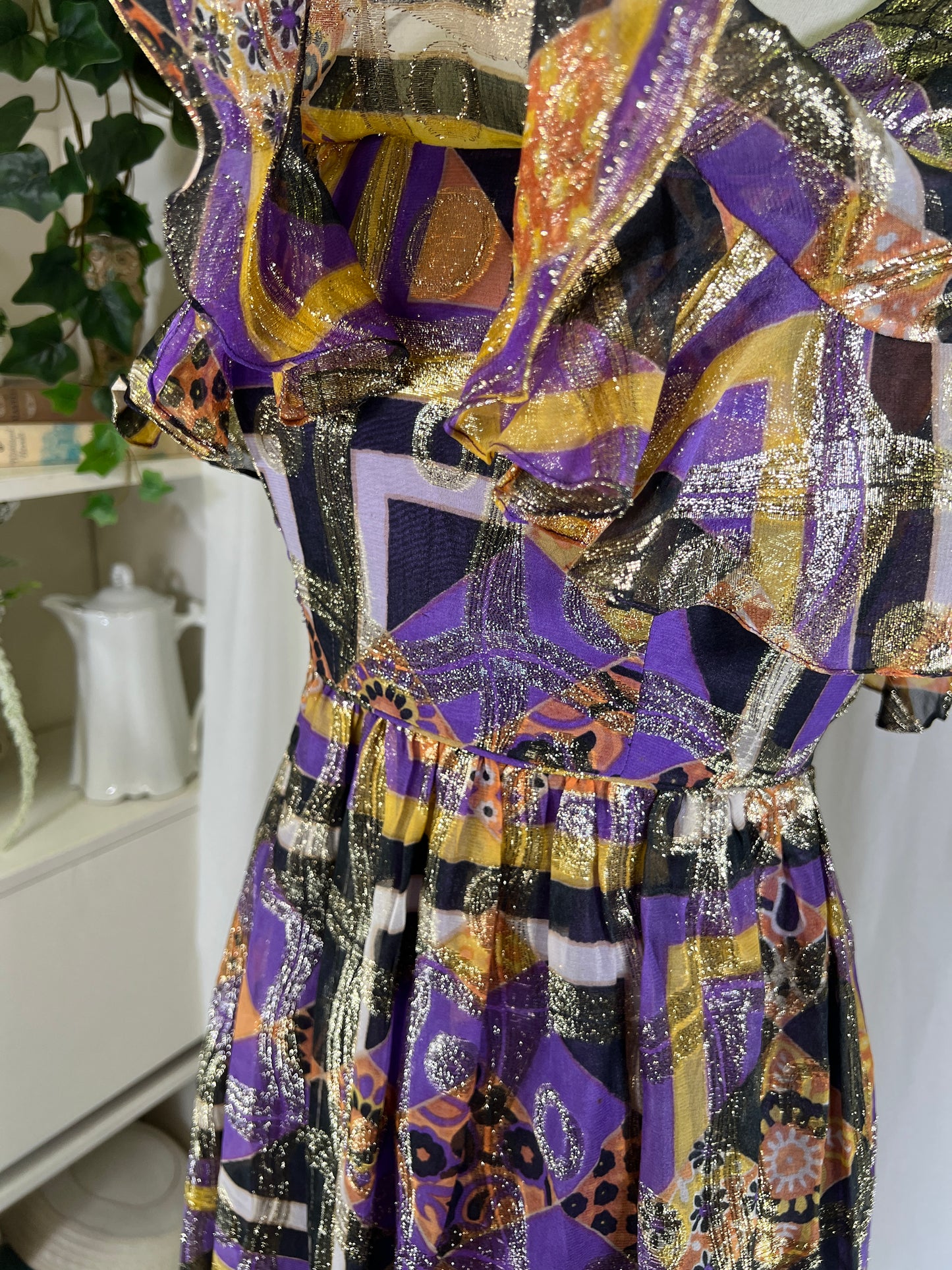 60's Malcom Starr Gold and Purple Psychedelic Lamé Mini Dress