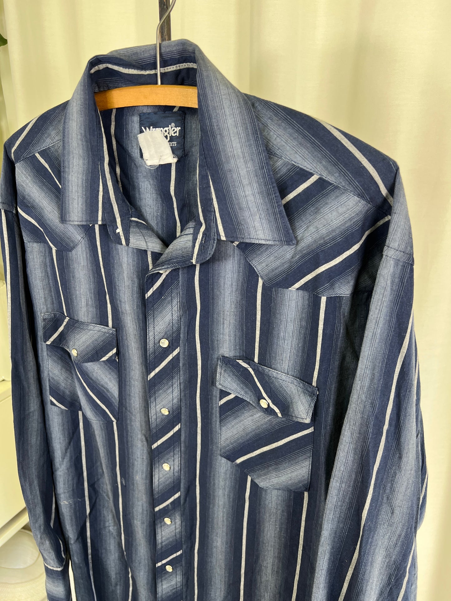 80s Wrangler Blue Striped Pearl Snap Shirt