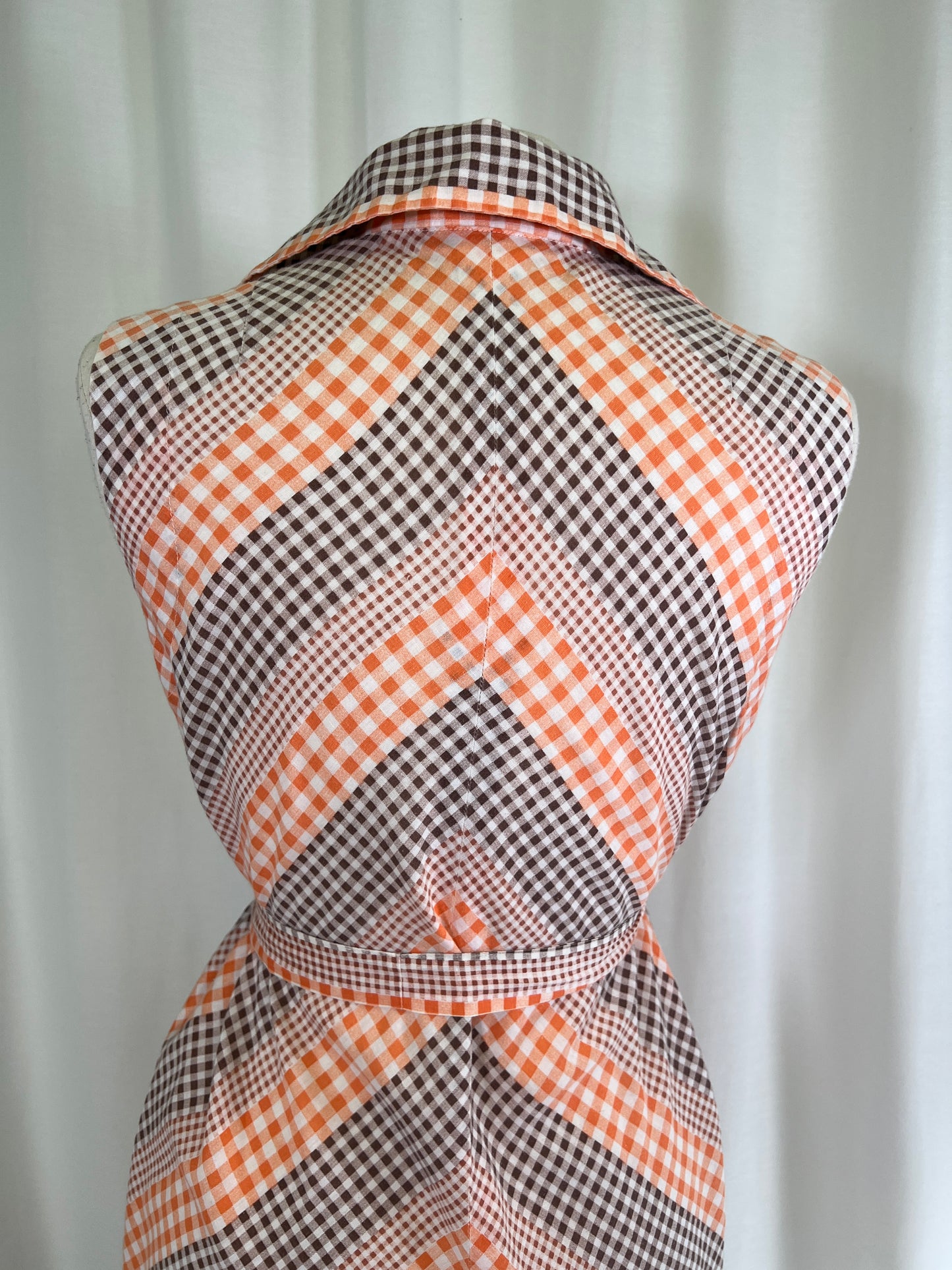 60s Brown and Orange Gingham Chevron House Dress