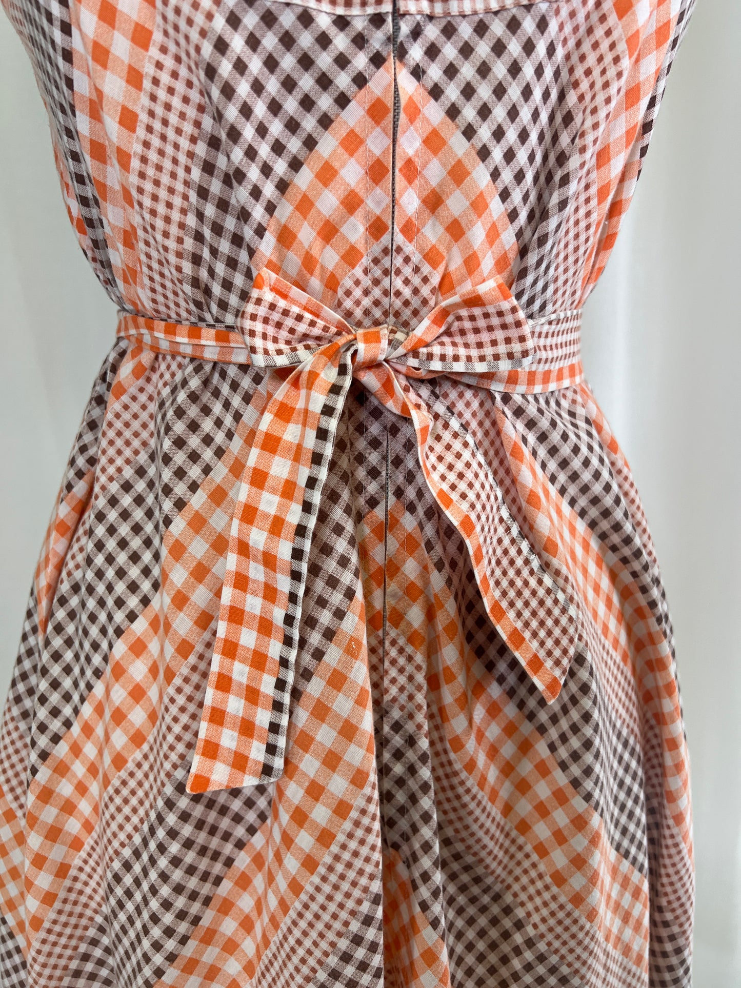 60s Brown and Orange Gingham Chevron House Dress