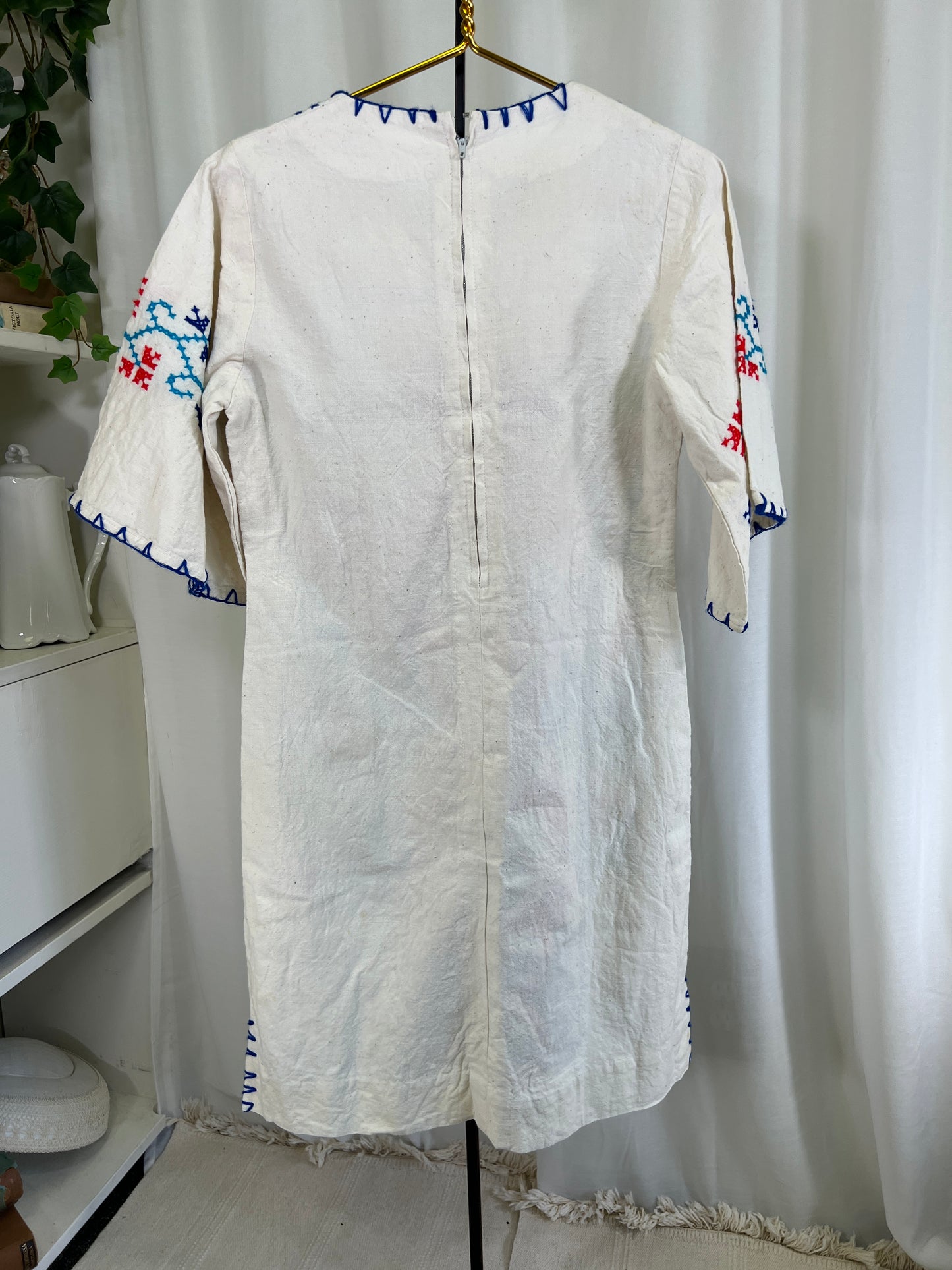 60s Red White and Blue Cross-stitched Bell Sleeved Dress